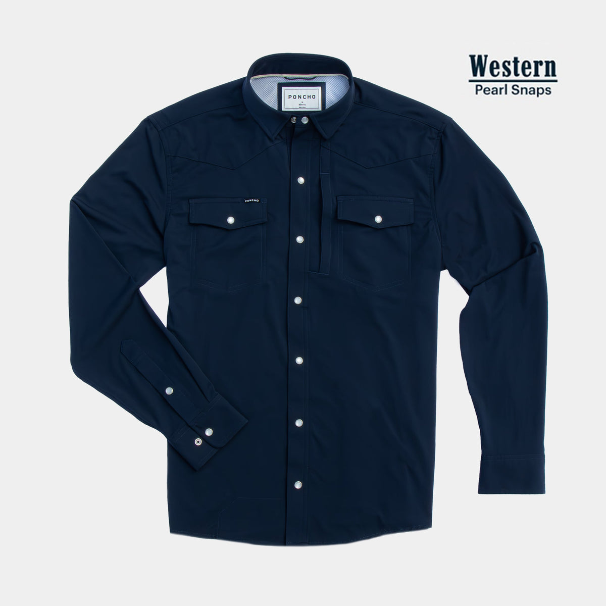 navy long sleeve shirt with pearl snaps