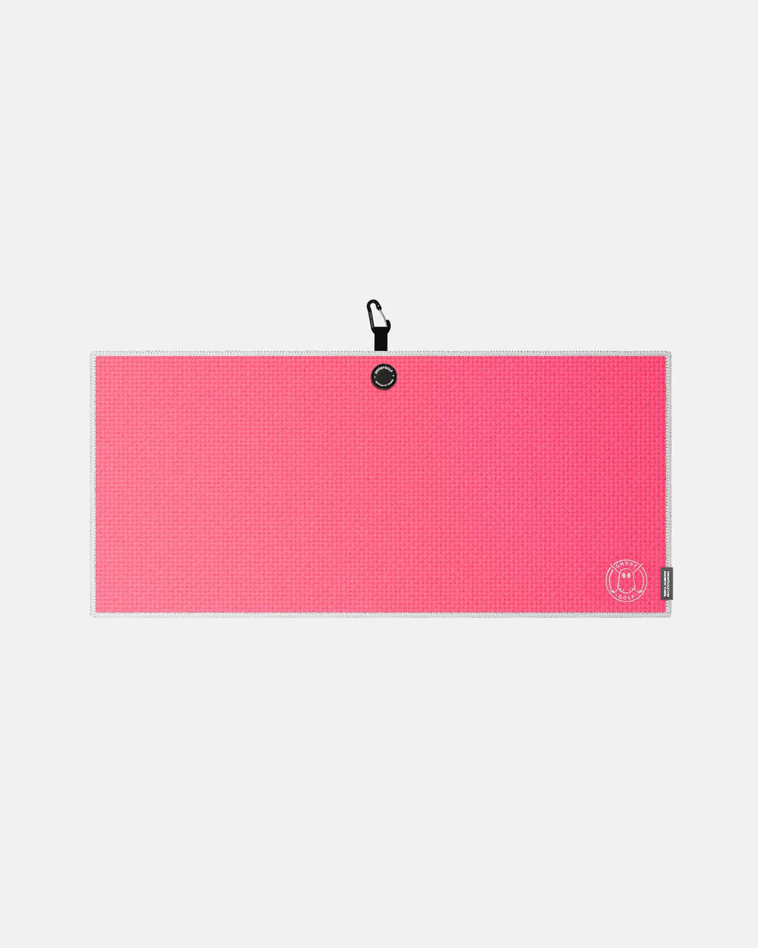 Product shot of Hot Pink Ghost Golf Magnetic Caddie Towel with emblem logo on right bottom corner and carabiner clip at the top #color_hot-pink