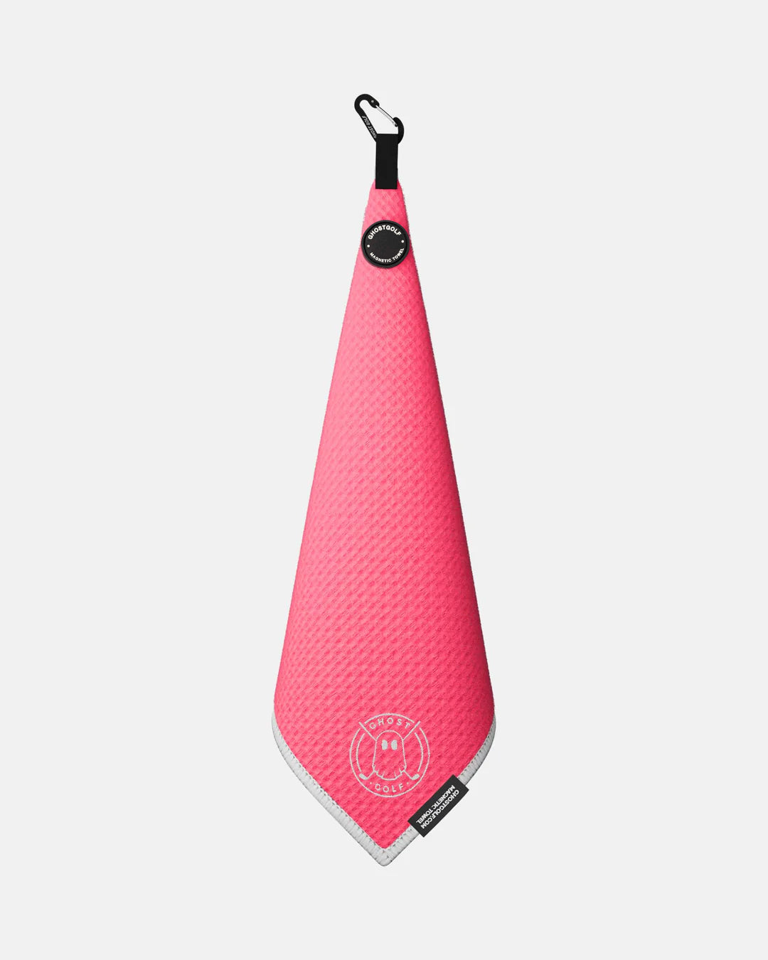 Product shot of Hot Pink Ghost Golf Magnetic Greenside Towel with emblem logo near the bottom and carabiner clip at the top #color_hot-pink