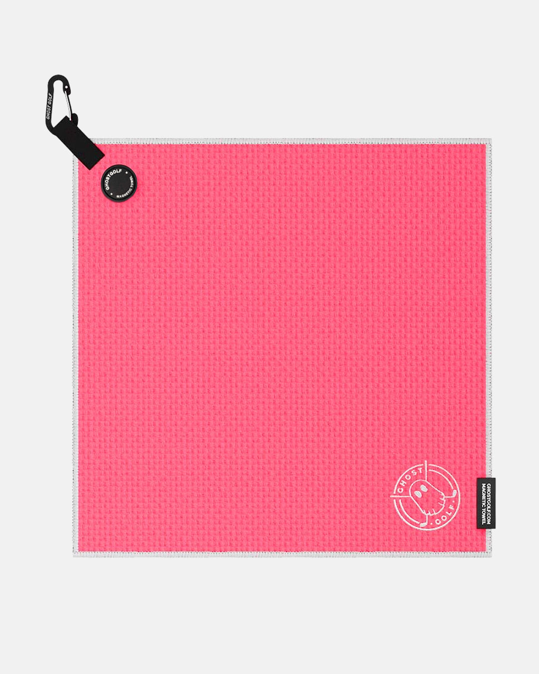 Product shot of Hot Pink Ghost Golf Magnetic Greenside Towel with emblem logo near the bottom and carabiner clip at the top #color_hot-pink