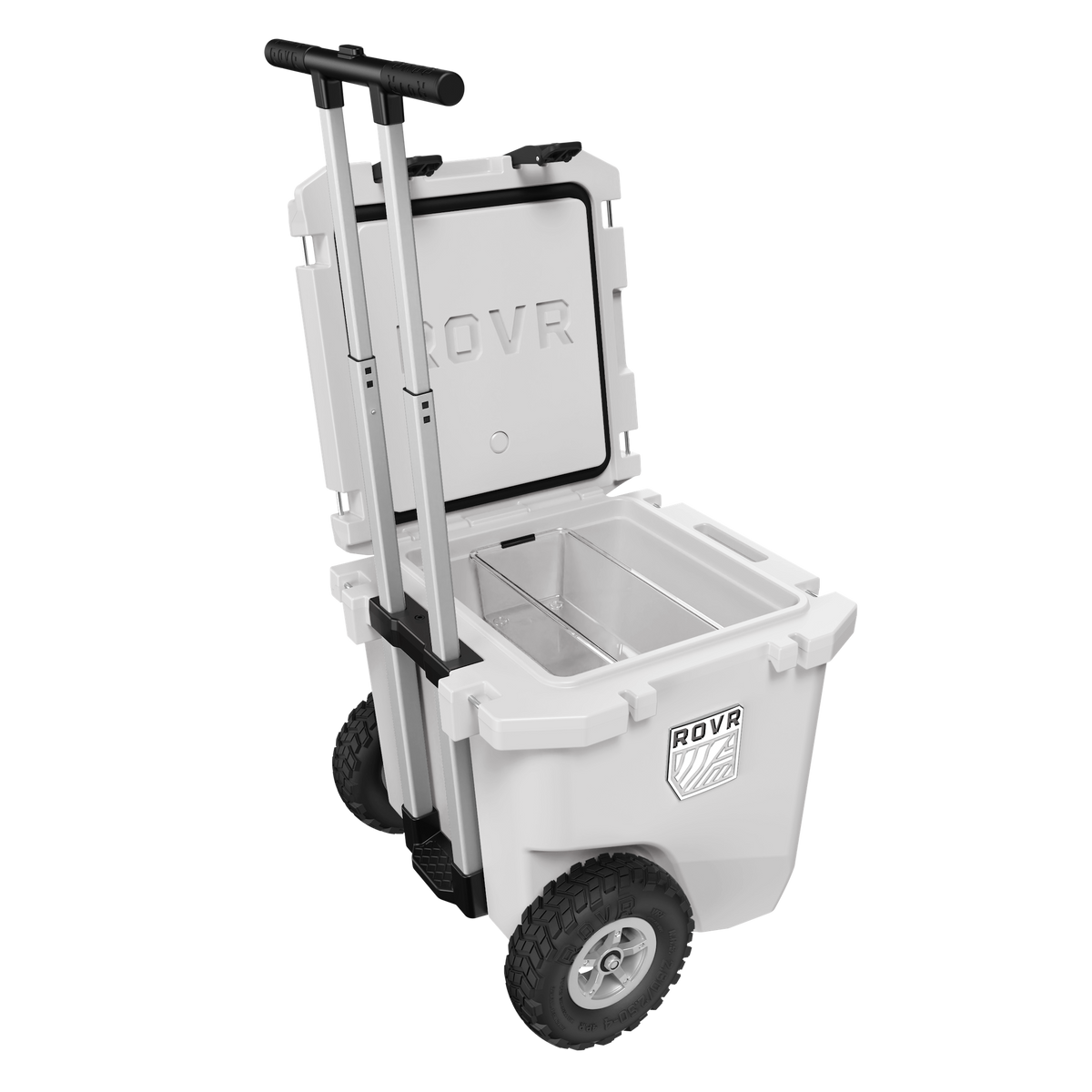 White cooler with wheels and handle on a white background
