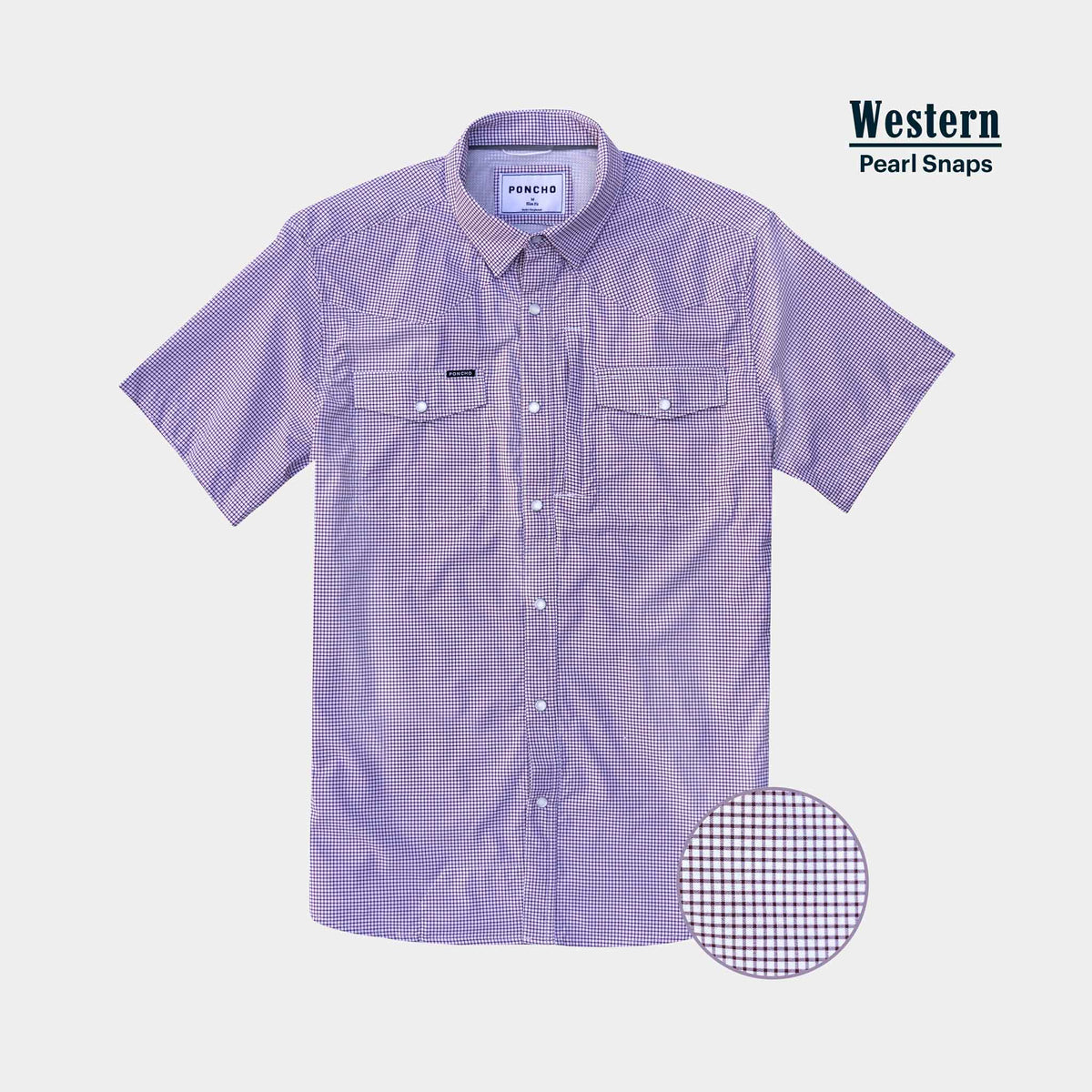 micro-checkered purple and white short sleeve shirt