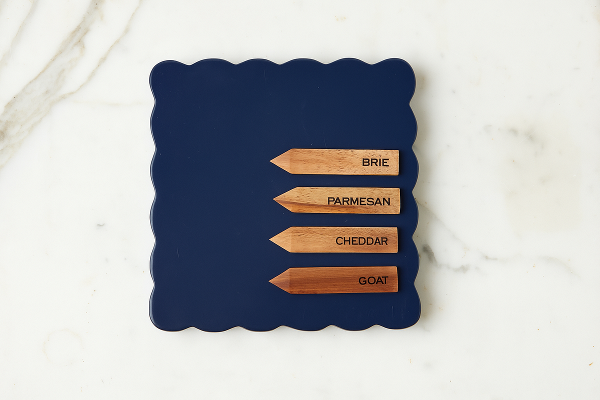 RMN636AB2 etuhome Square Scalloped Cheese Board with Cheese Markers Small Navy Blue