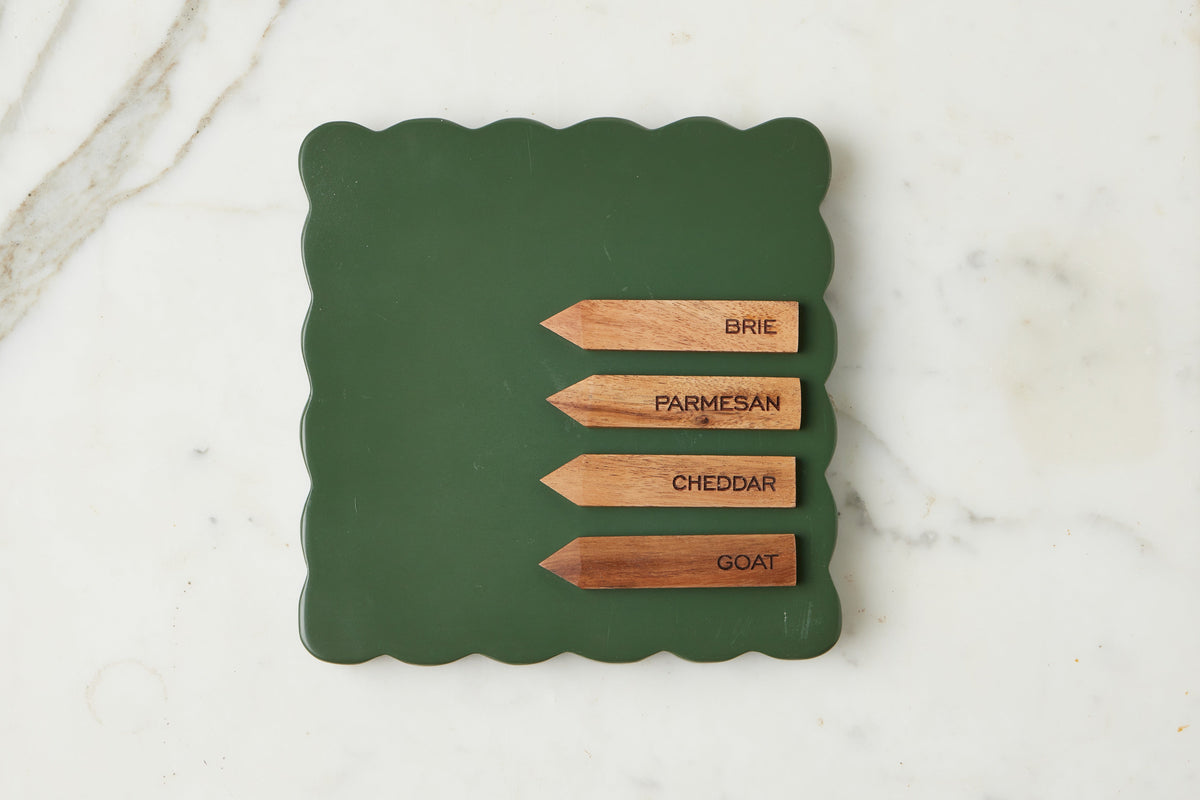 Square Scalloped Cheese Board with Cheese Markers, Small, Spruce Green