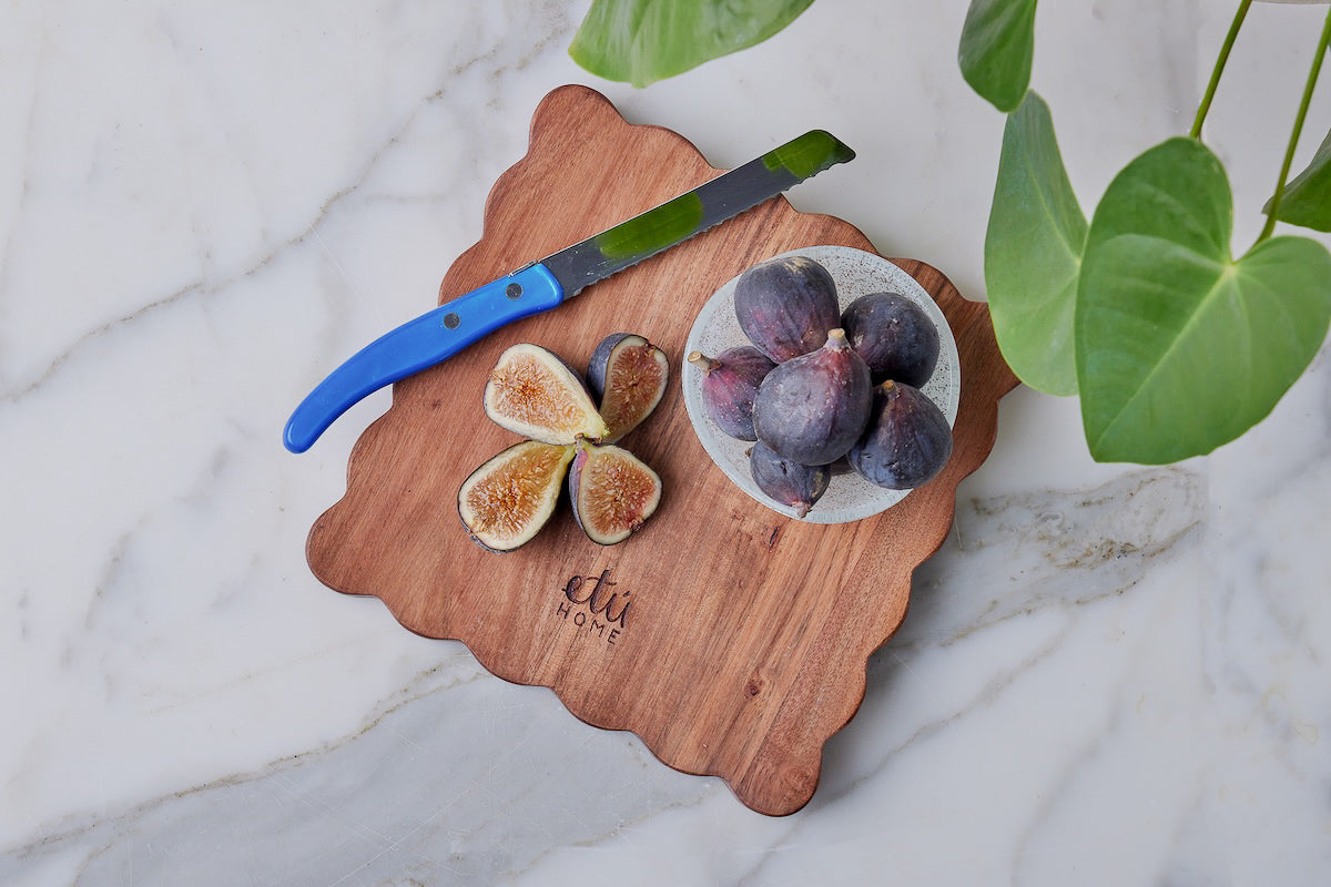 Square Scalloped Cheese Board with Spreader, Small, Natural