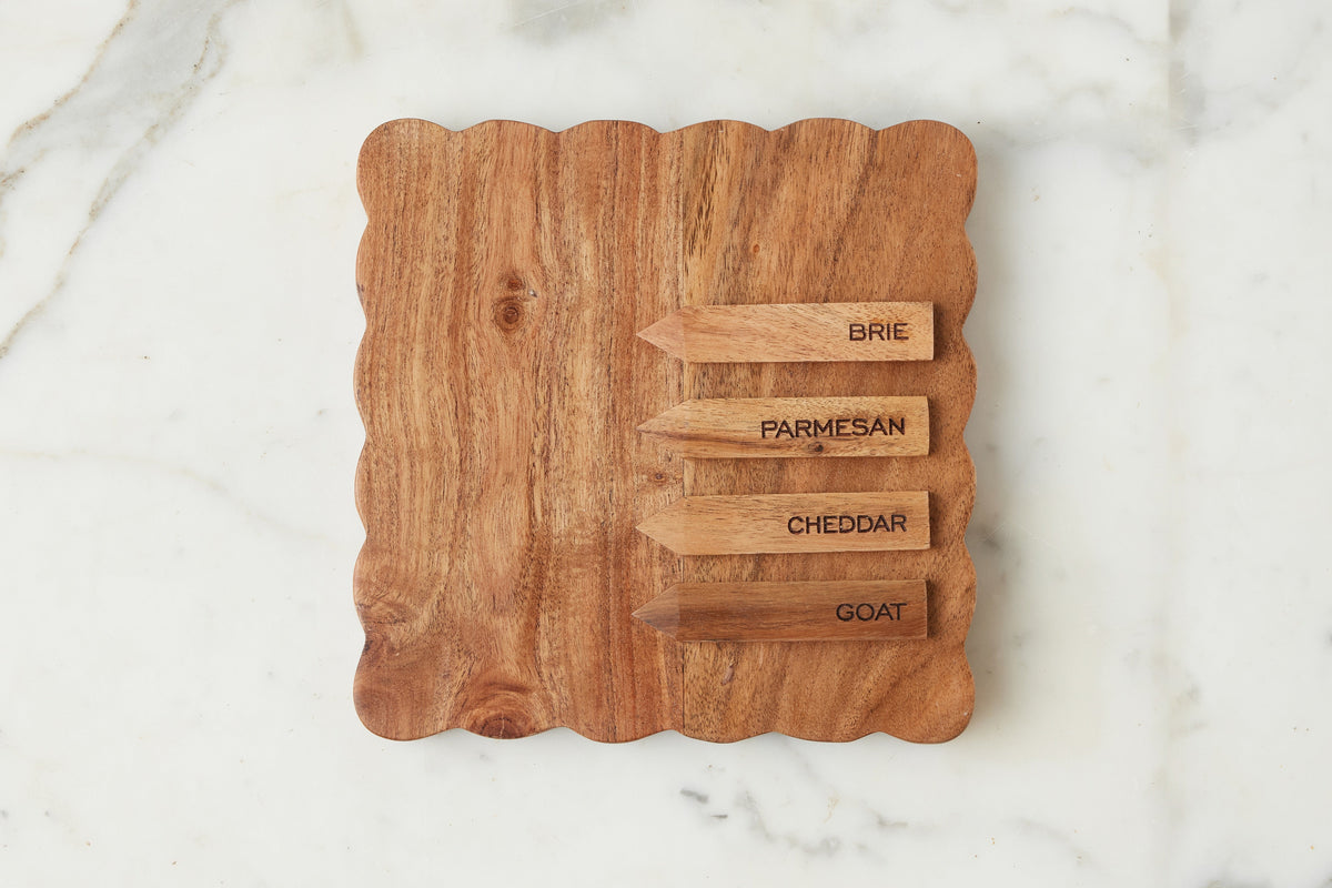 Square Scalloped Cheese Board with Cheese Markers, Small, Natural