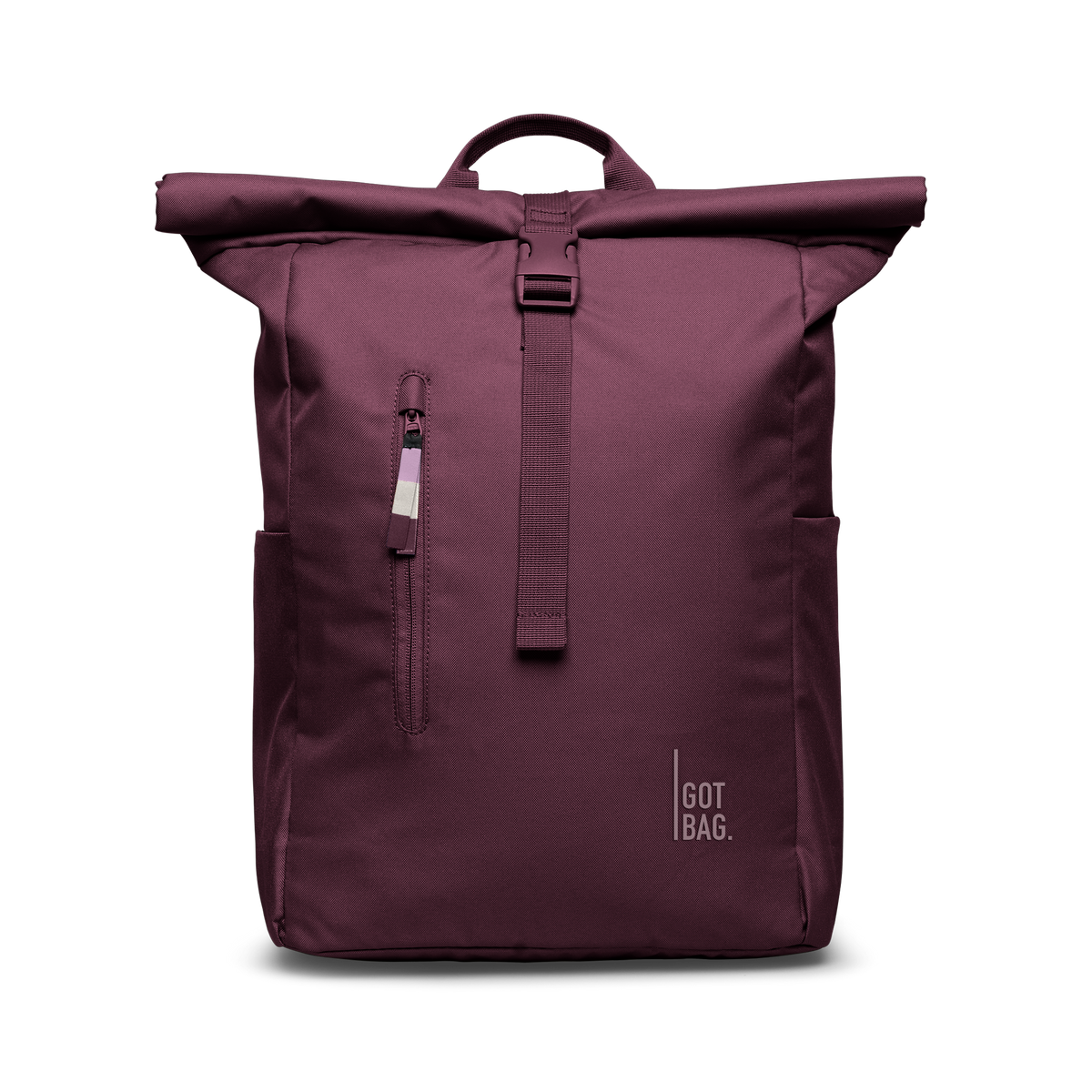 ROLLTOP EASY backpack in kraken (Wine Red), studio shot, front view.