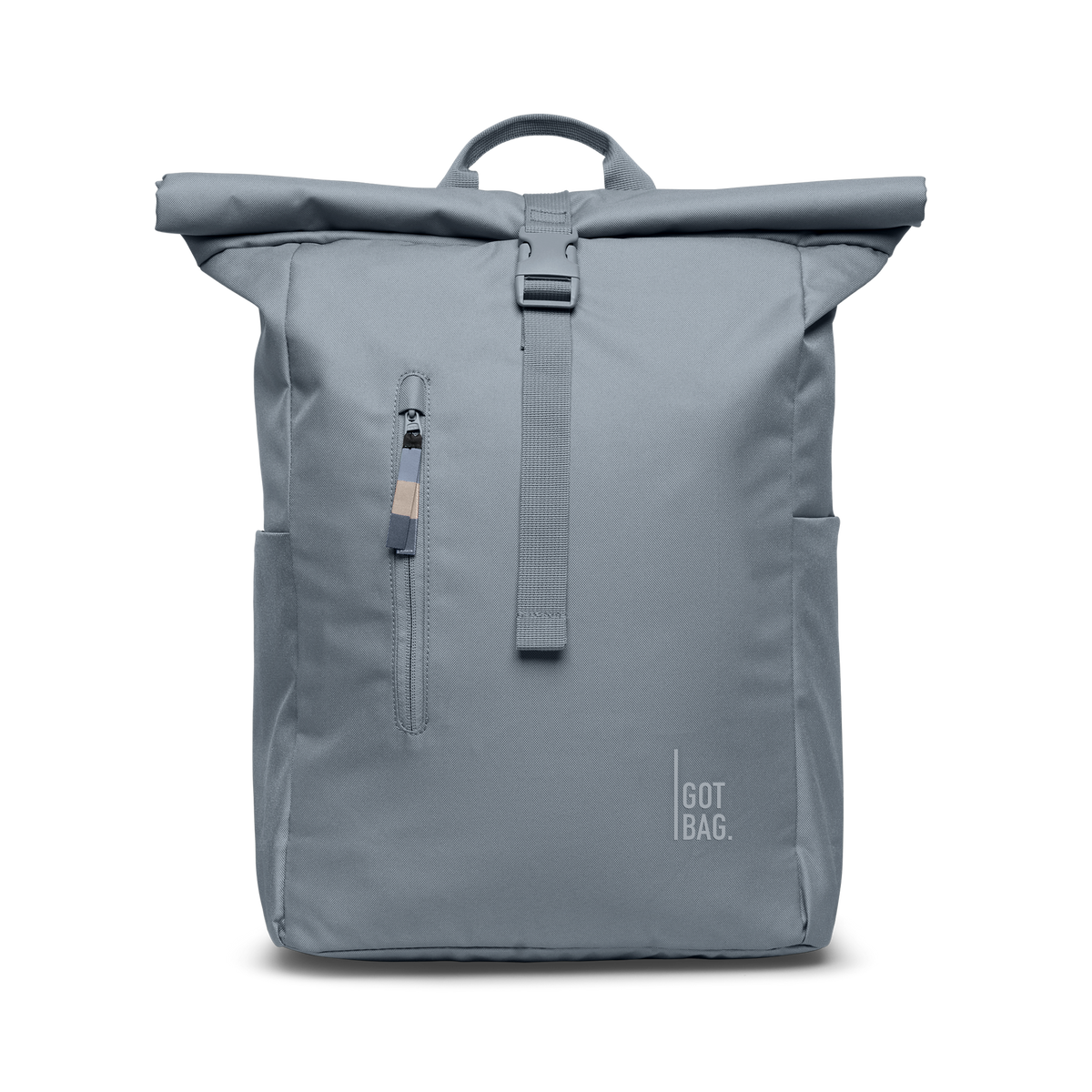 ROLLTOP EASY backpack in marlin (Gray-Blue), studio shot, front view.
