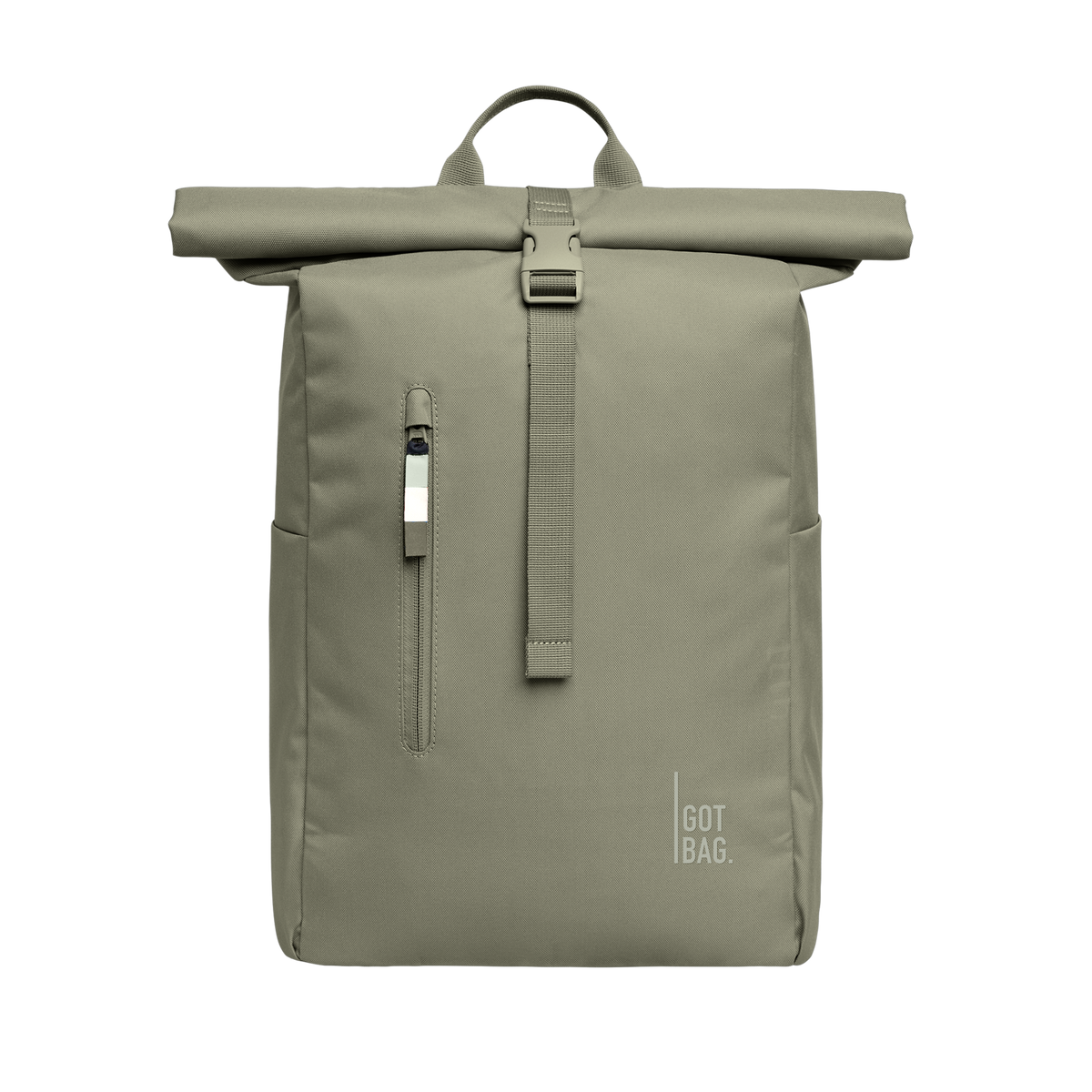 ROLLTOP EASY backpack in seabed (Light Olive Green), studio shot, front view.