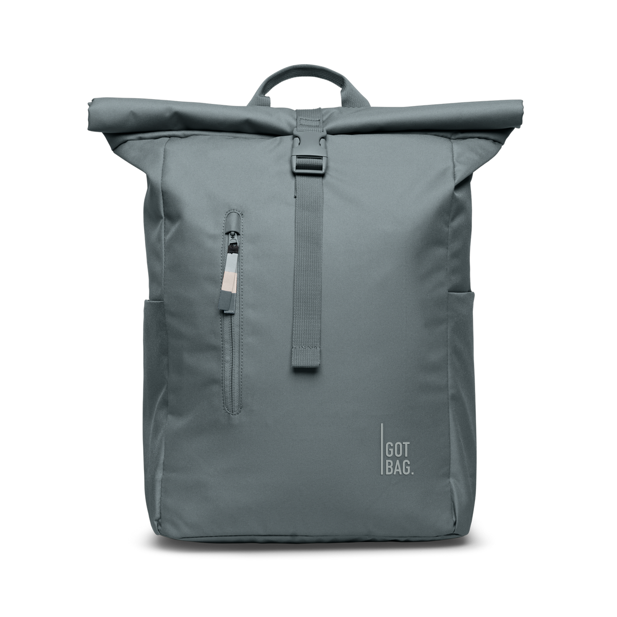 ROLLTOP EASY MONOCHROME backpack in basalt (Gray Ice Blue), studio shot, front view.