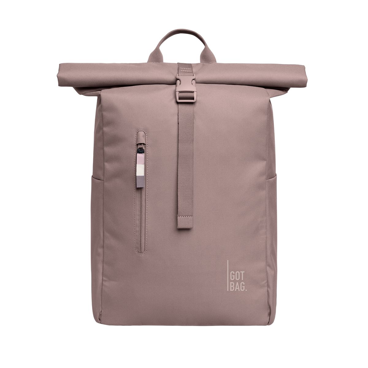 ROLLTOP EASY MONOCHROME backpack in blobfish (Dark Dusty Rose), studio shot, front view.