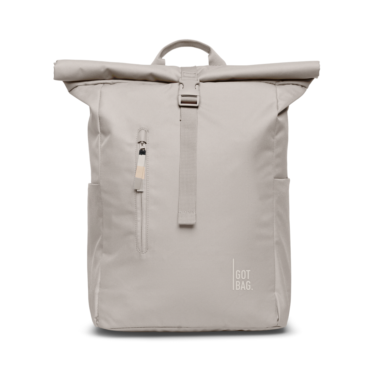 ROLLTOP EASY Monochrome backpack in clam (Light, Warm Gray), studio shot, front view.