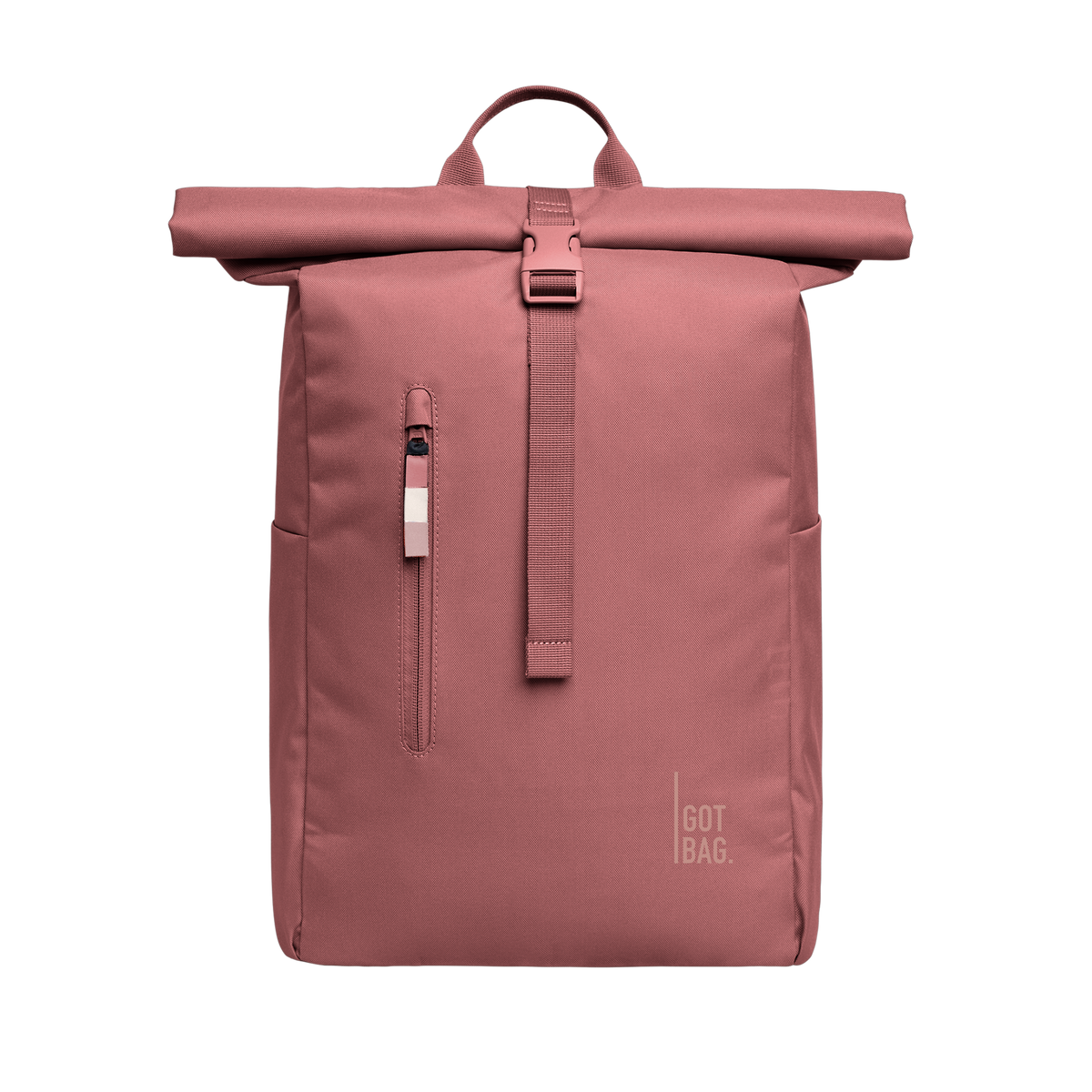 ROLLTOP EASY backpack in lionfish (Dark Pink with a Red Undertone), studio shot, front view.