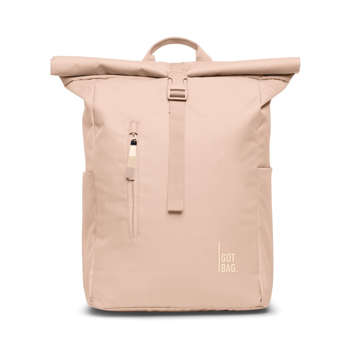 ROLLTOP EASY backpack in pearl (Light Powder Pink), studio shot, front view.