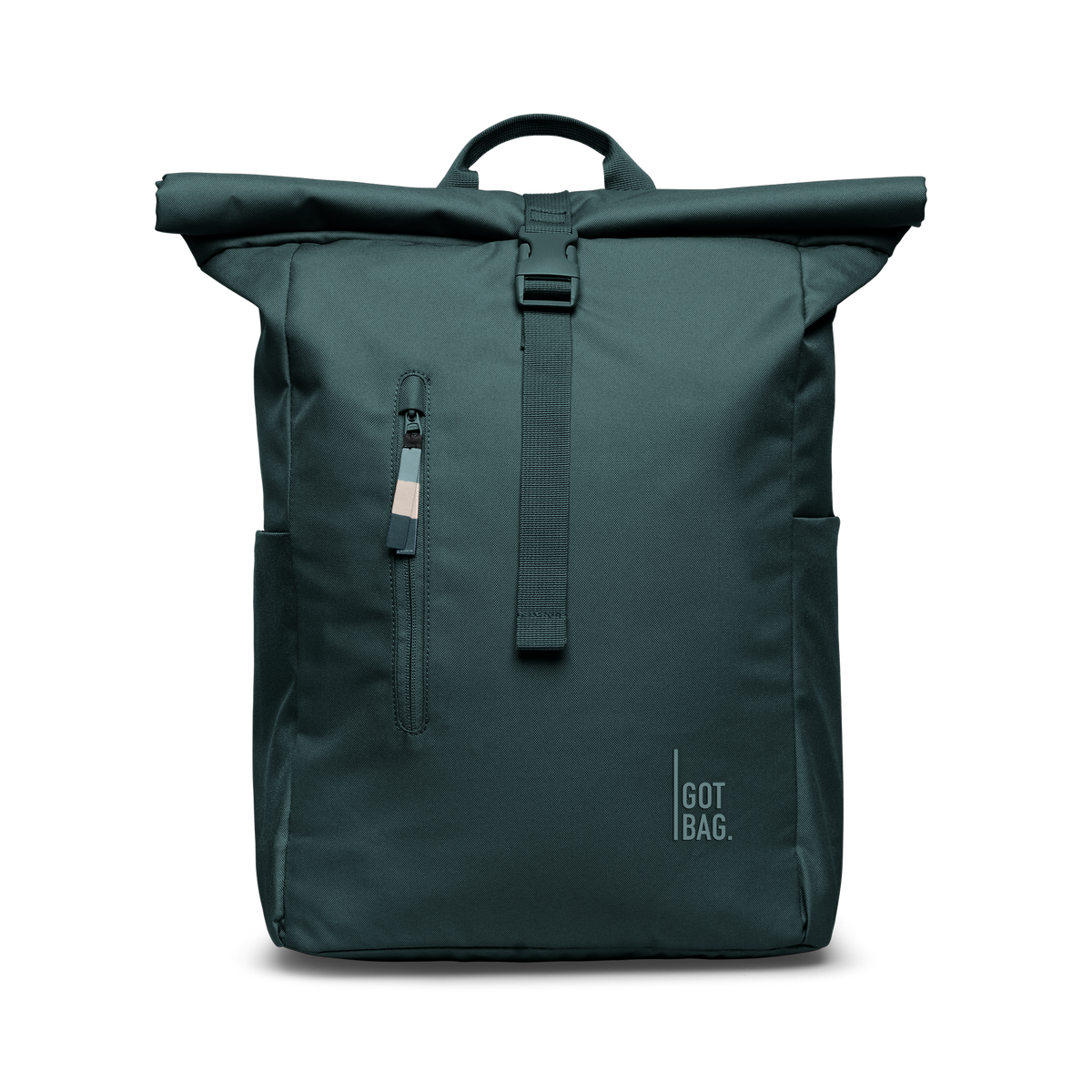 ROLLTOP EASY MONOCHROME backpack in sea teal (Cool Turquoise Green), studio shot, front view.