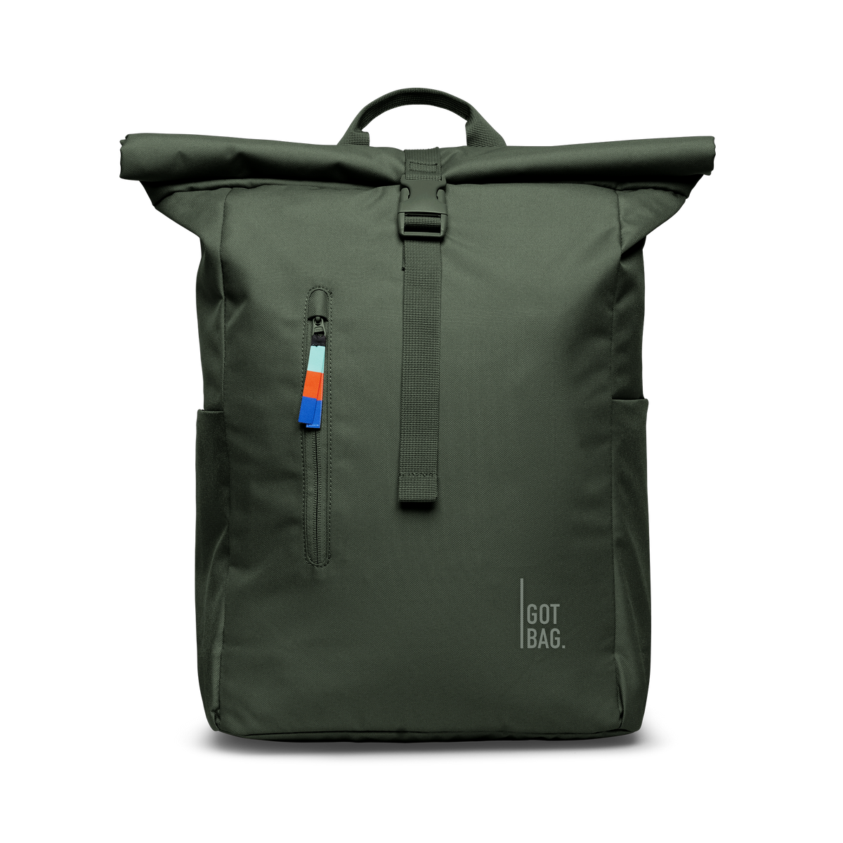 ROLLTOP EASY backpack in algae (Dark Green with a Gray Undertone), studio shot, front view.