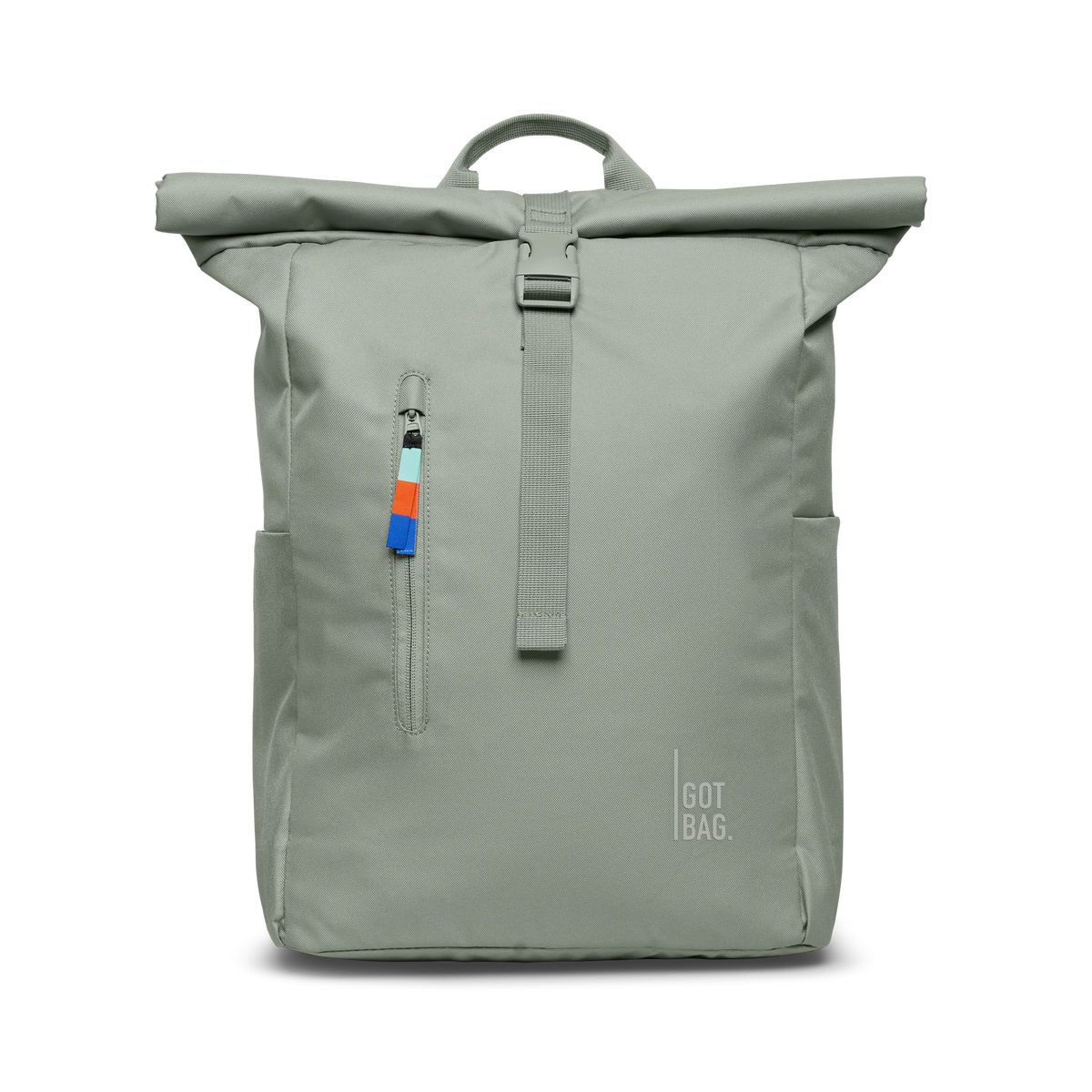 ROLLTOP EASY backpack in bass (Sage Green), studio shot, front view.