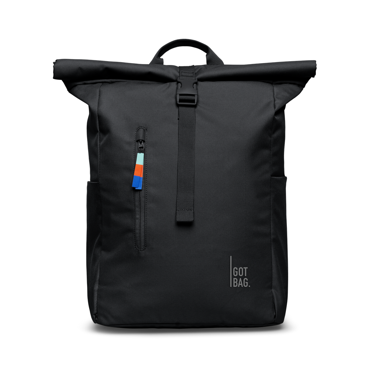 ROLLTOP EASY backpack in black (Black), studio shot, front view.