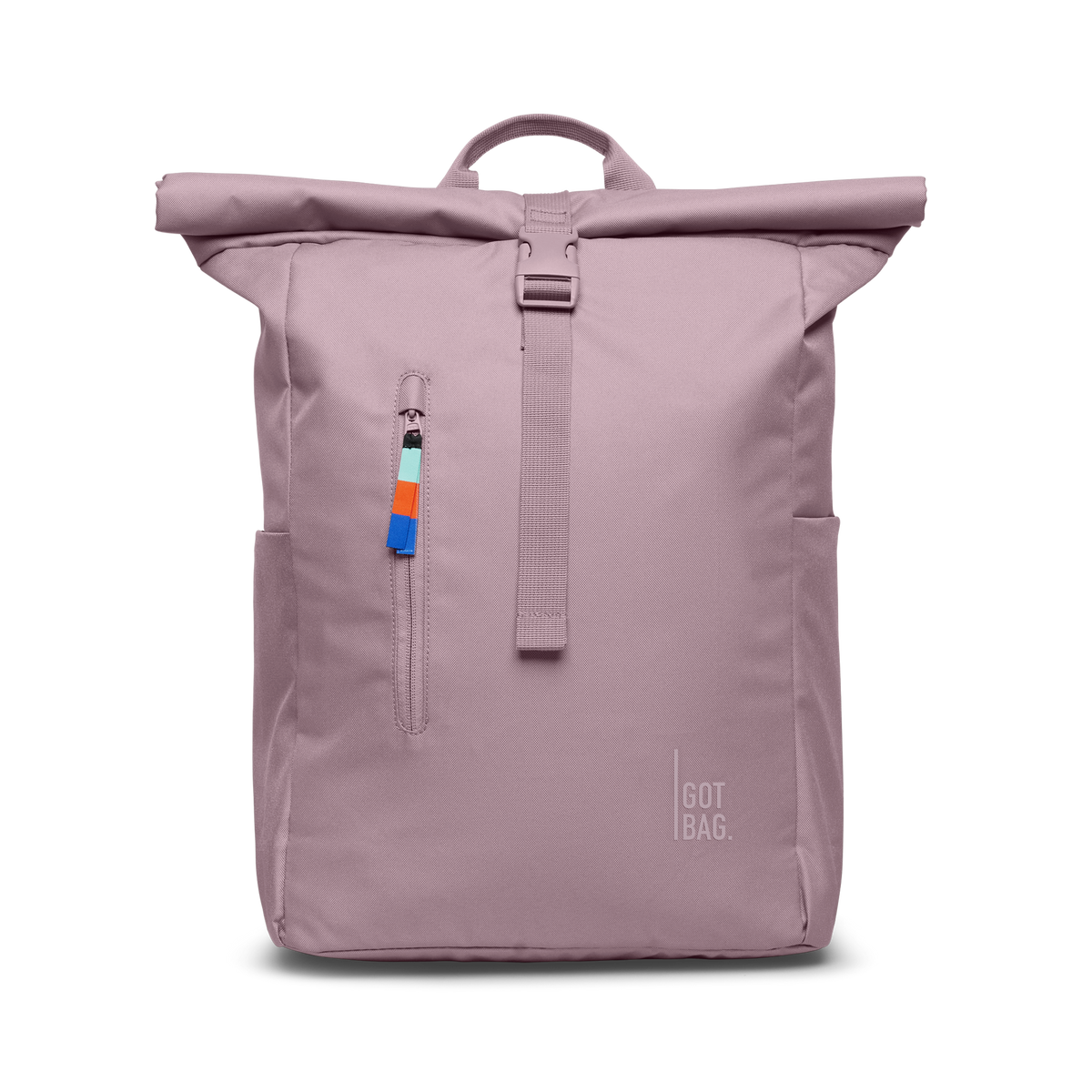 ROLLTOP EASY backpack in calamary (Dusty Rose), studio shot, front view.