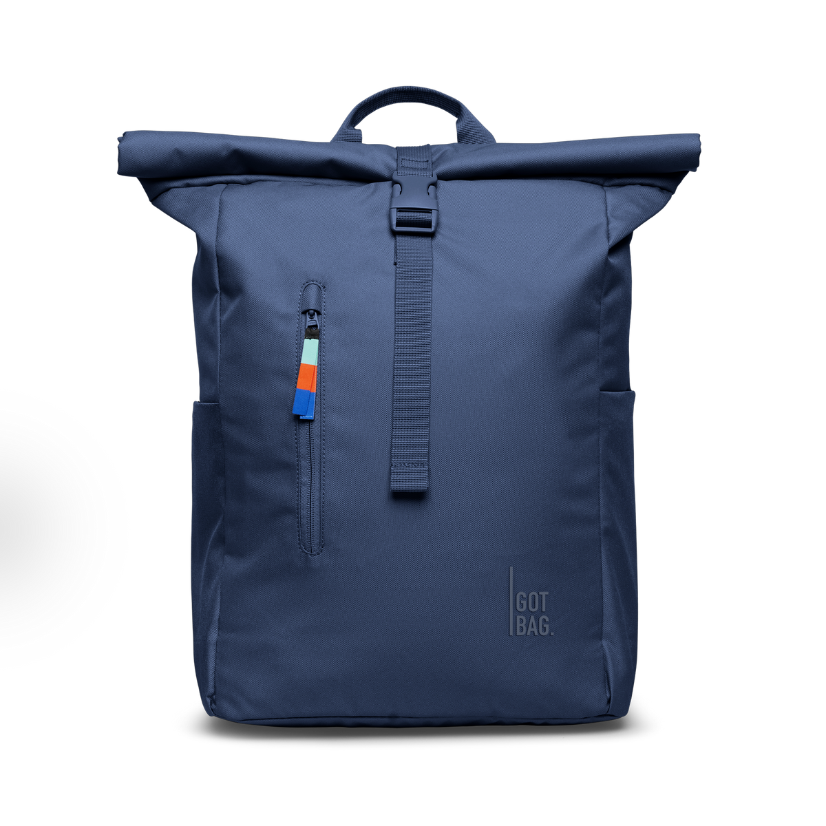 ROLLTOP EASY backpack in deep ocean (Dark Navy Blue), studio shot, front view.