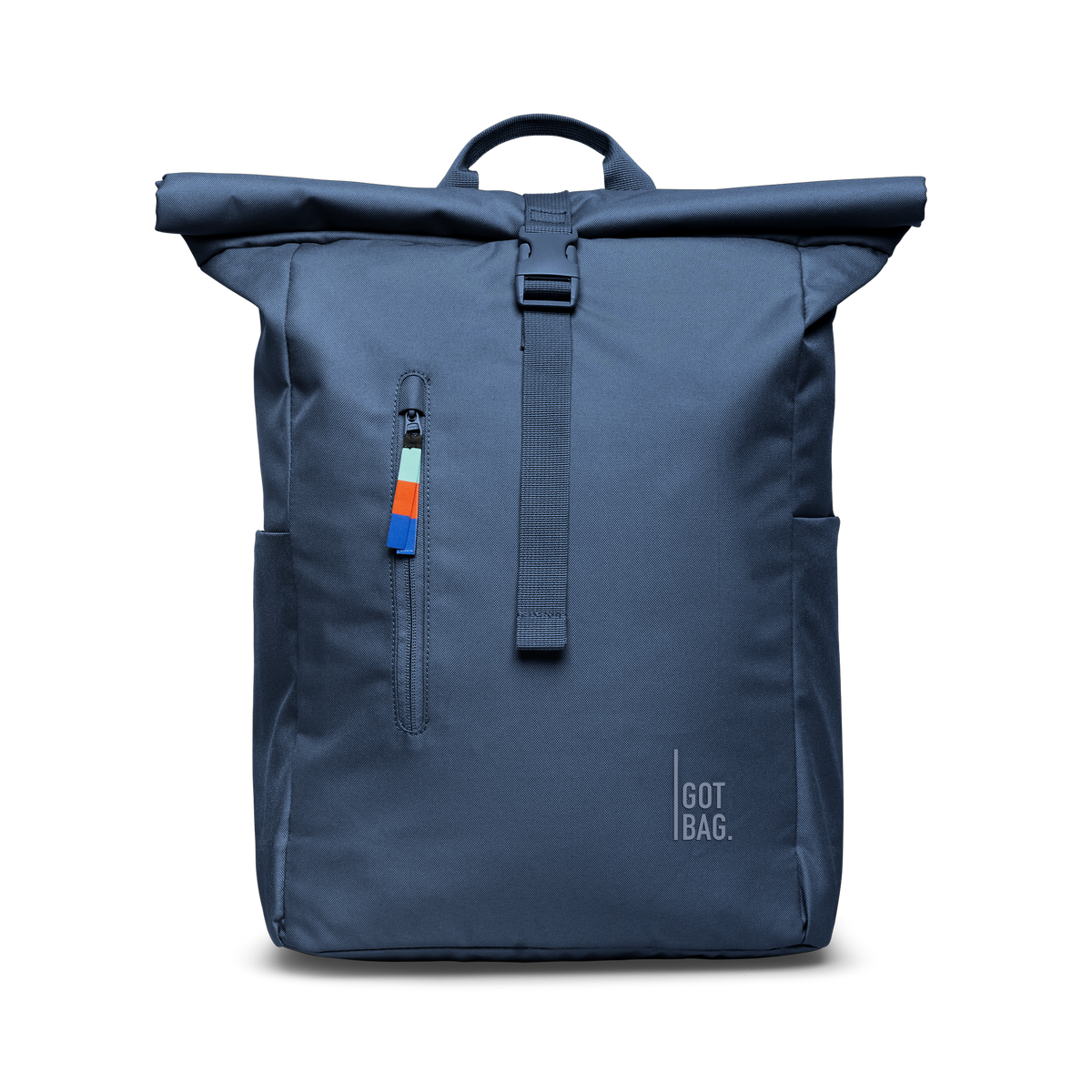 ROLLTOP EASY backpack in ocean blue (Navy Blue), studio shot, front view.