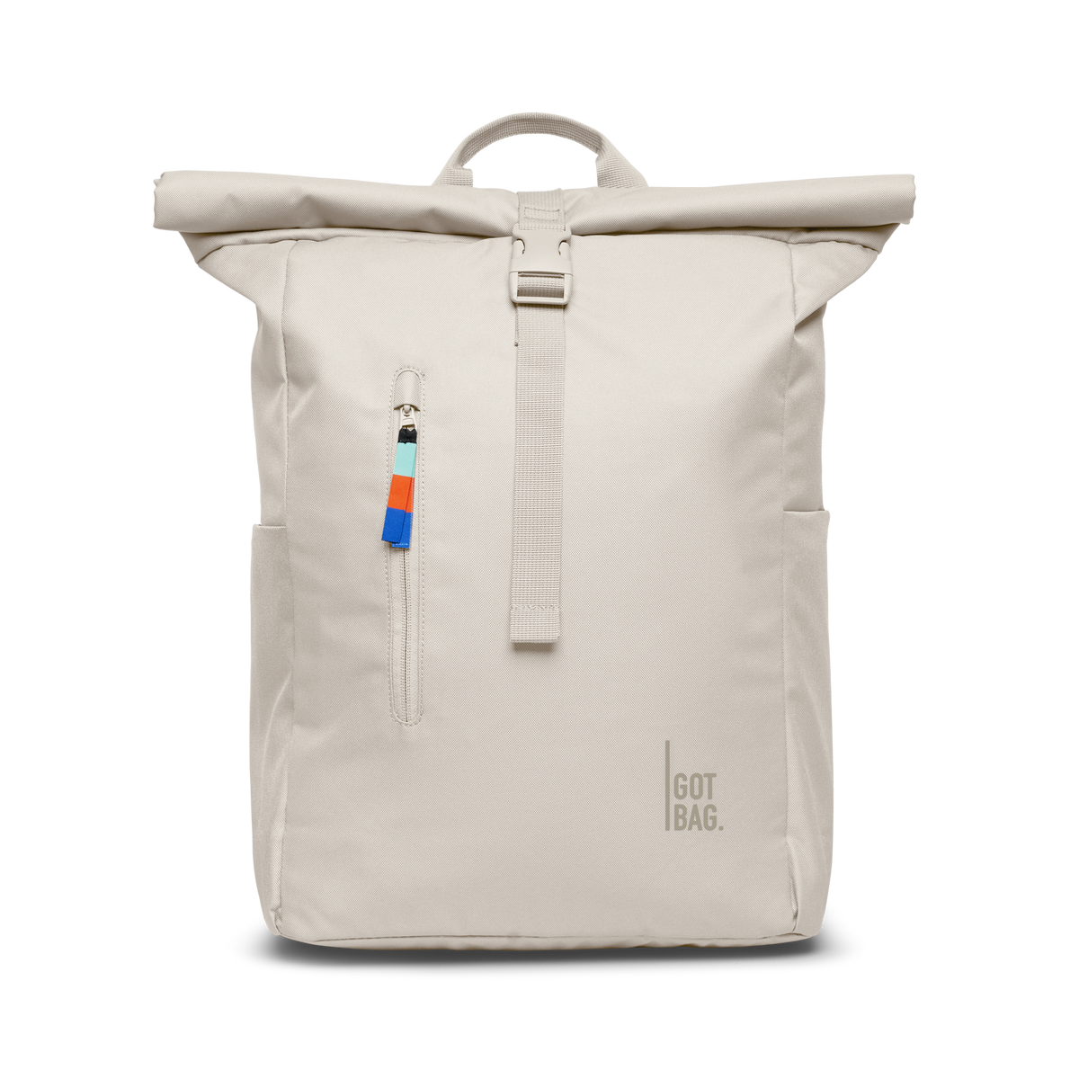 ROLLTOP EASY backpack in soft shell (Warm Cream White), front view.