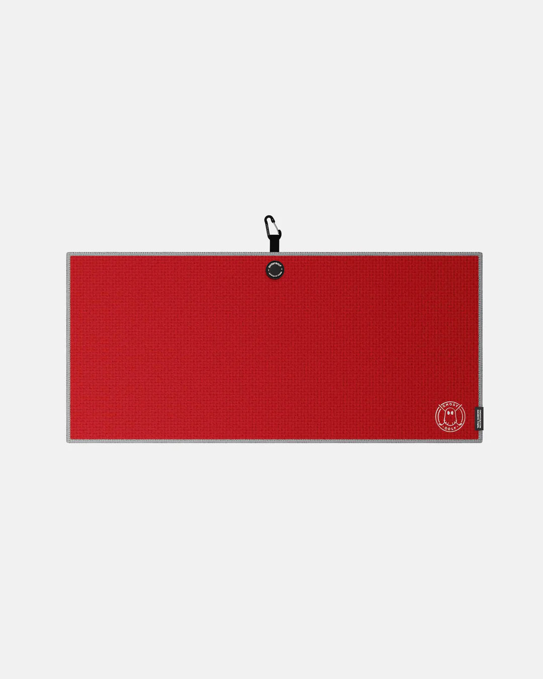 Product shot of Red Ghost Golf Magnetic Caddie Towel with emblem logo on right bottom corner and carabiner clip at the top #color_red