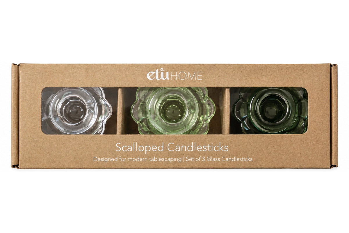 Glass Scalloped Candlesticks, Green, Set of 3