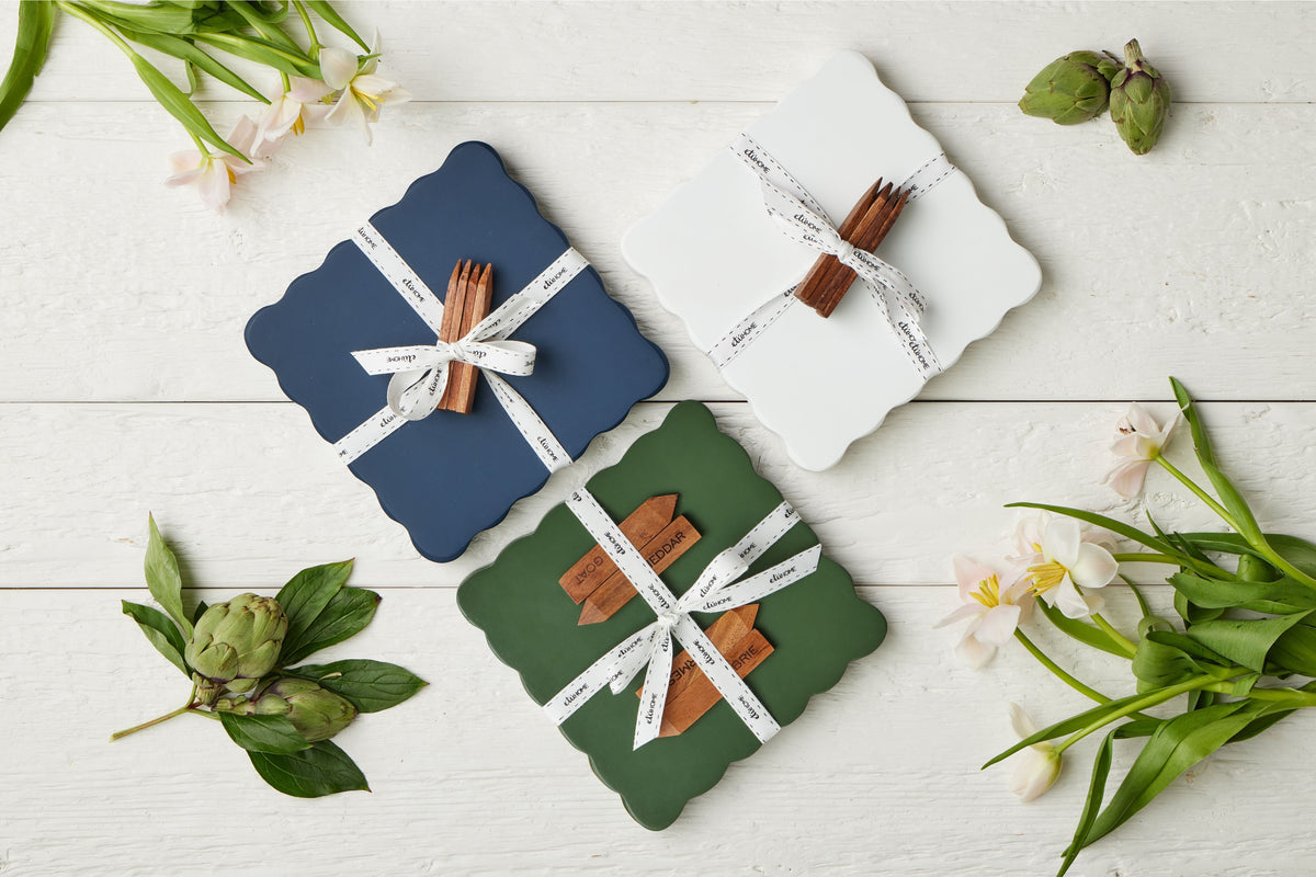 Square Scalloped Cheese Board with Cheese Markers, Small, White
