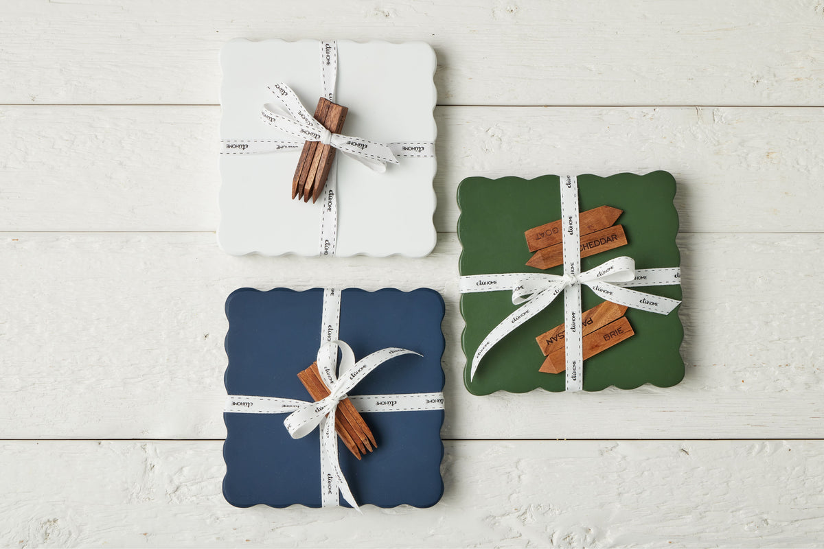Square Scalloped Cheese Board with Cheese Markers, Small, Spruce Green