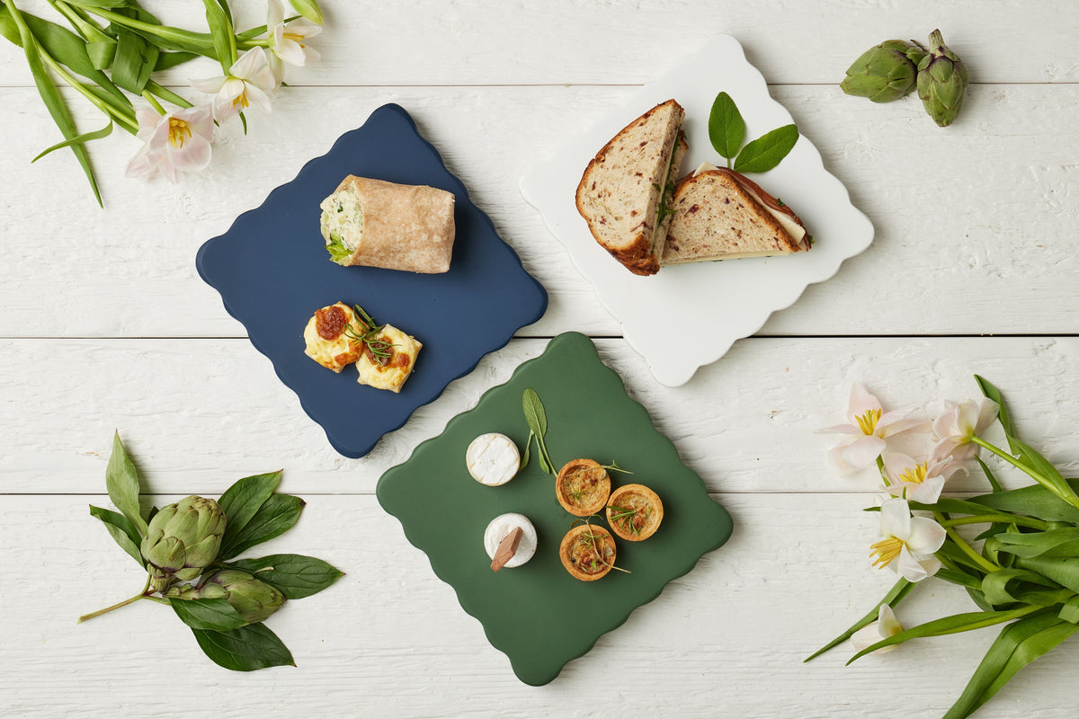 Square Scalloped Cheese Board with Cheese Markers, Small, White