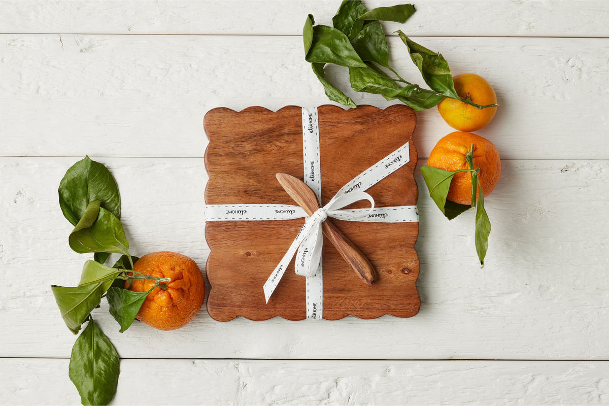 Square Scalloped Cheese Board with Spreader, Small, Natural
