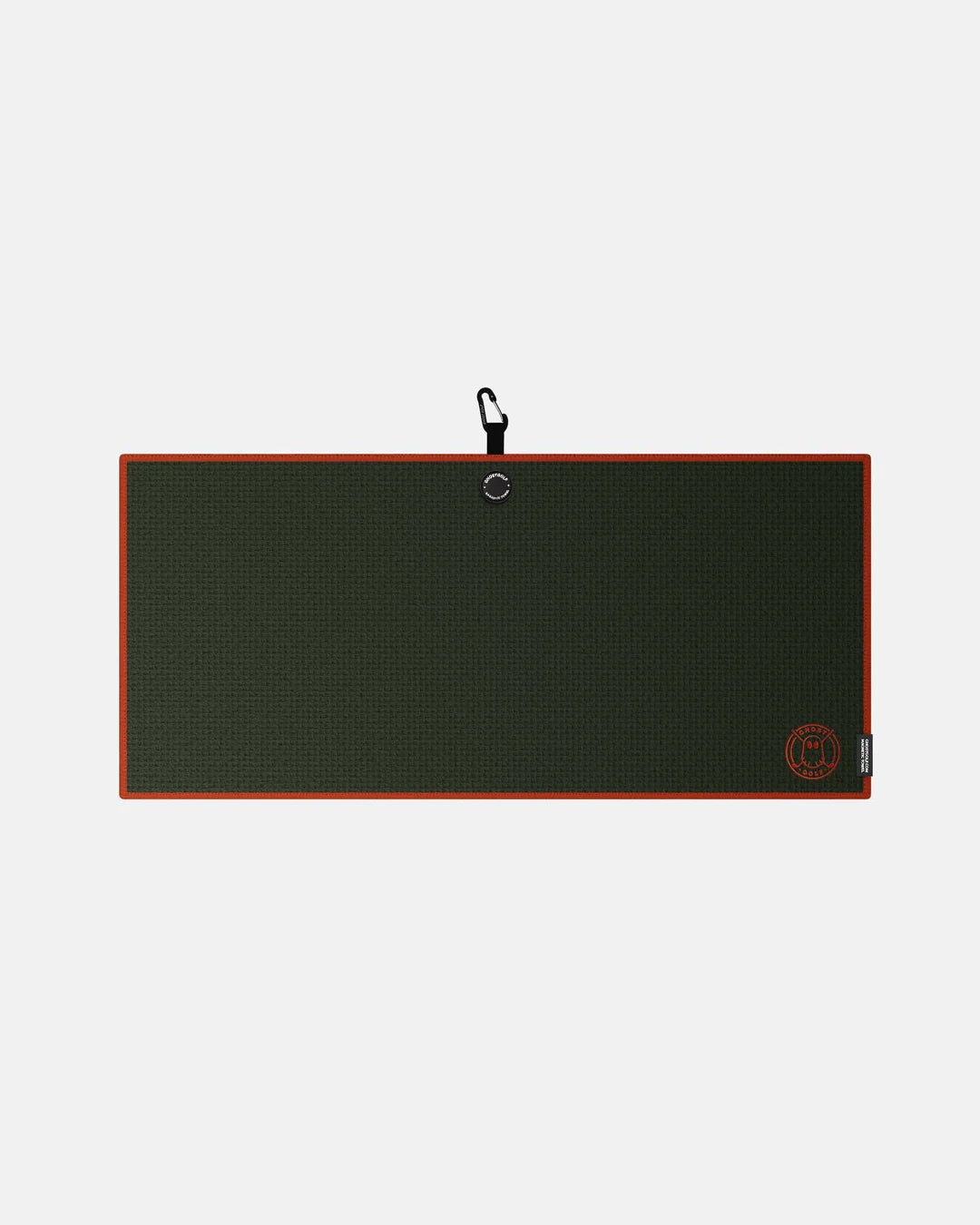 Product shot of Rifle Green Ghost Golf Magnetic Caddie Towel with emblem logo on right bottom corner and carabiner clip at the top #color_rifle-green