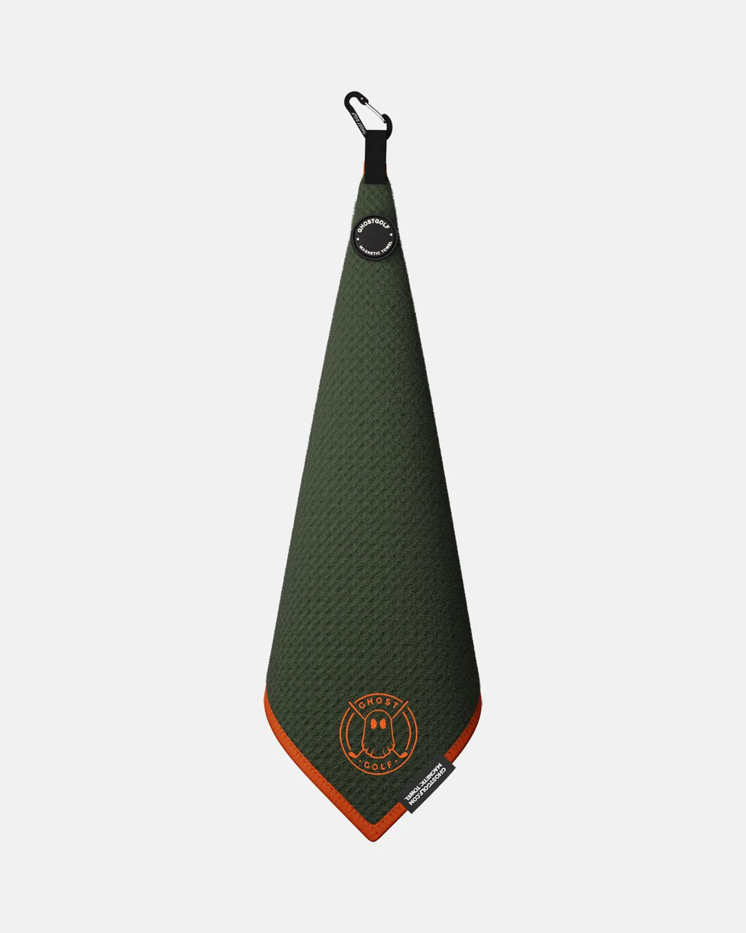 Product shot of Rifle Green Ghost Golf Magnetic Greenside Towel with emblem logo near the bottom and carabiner clip at the top #color_rifle-green