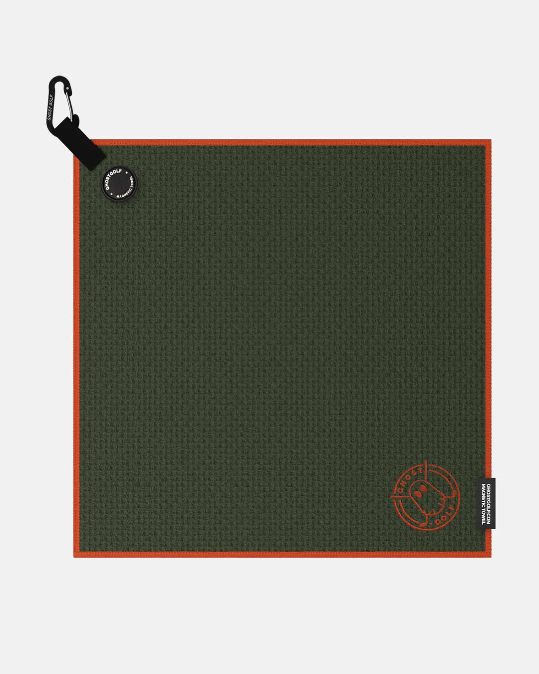Product shot of Rifle Green Ghost Golf Magnetic Greenside Towel with emblem logo near the bottom and carabiner clip at the top #color_rifle-green