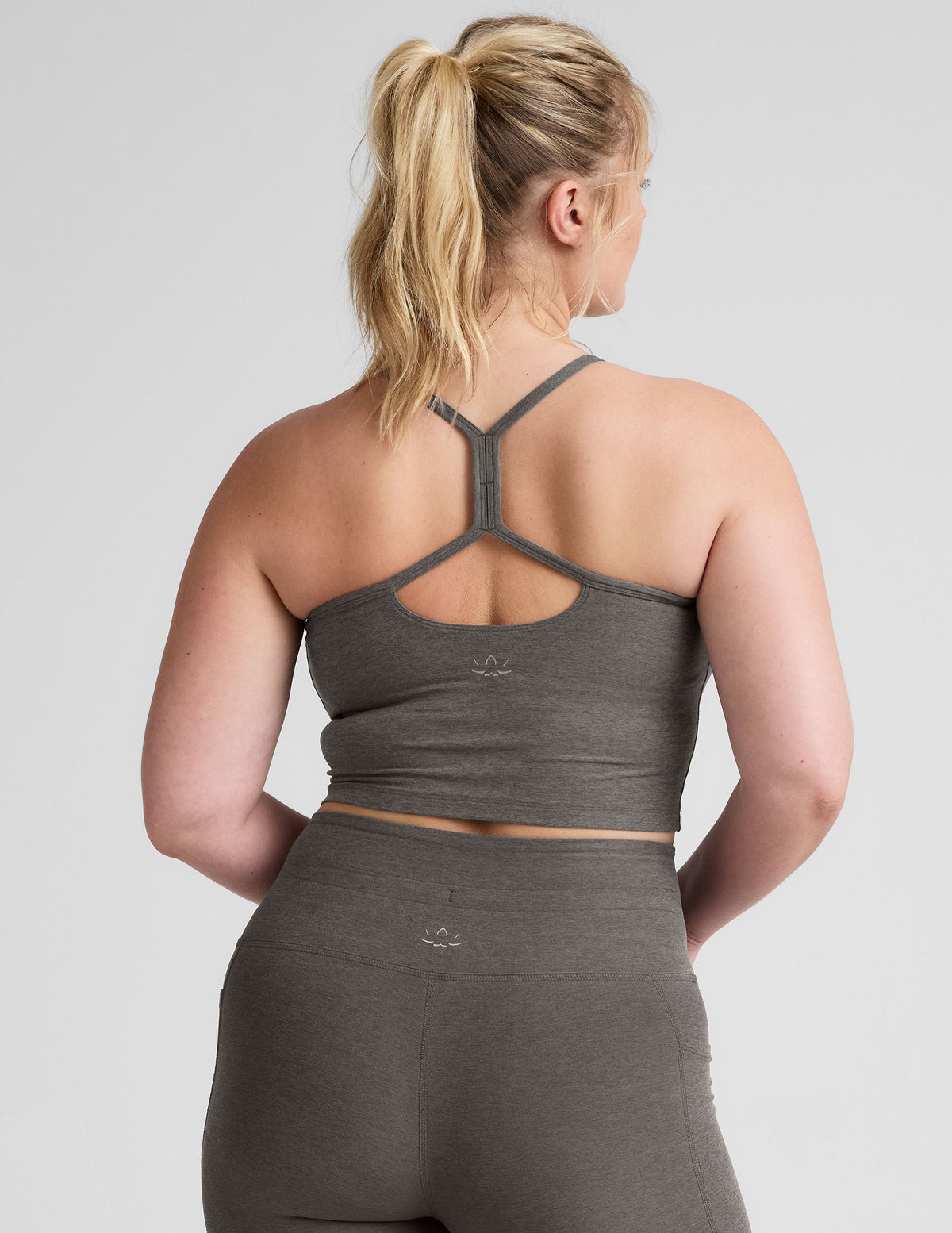 gray cropped tank skinny racerback with a keyhole detail. 