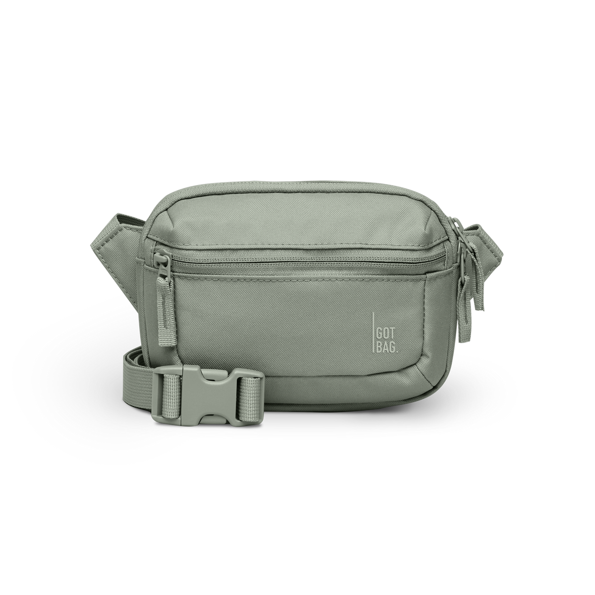 SLING BAG SMALL bag in bass (Sage Green), studio shot, front view.