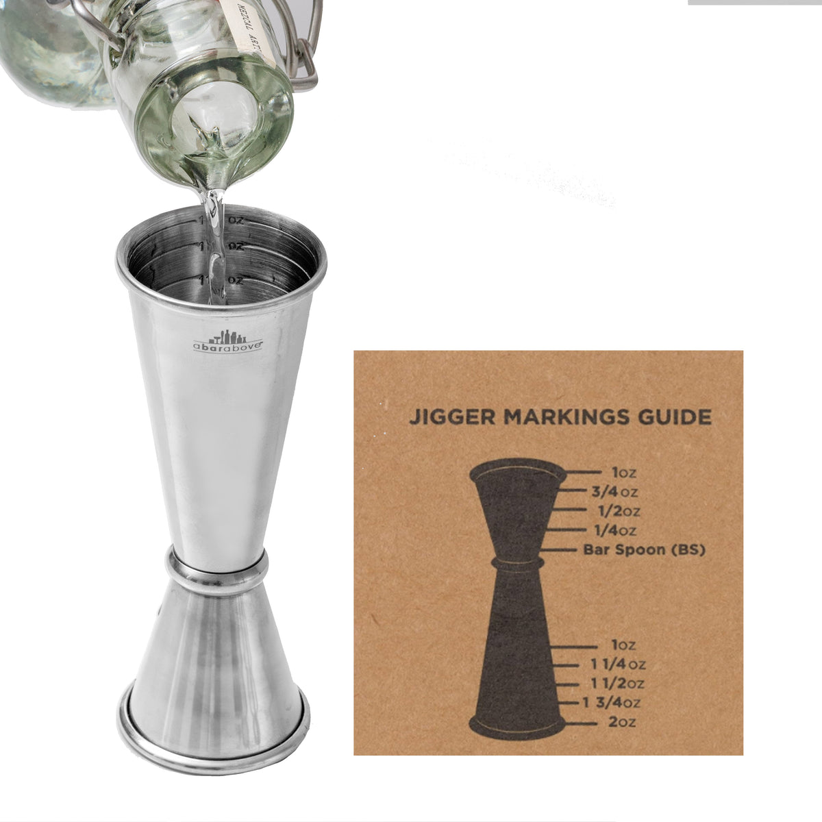 Japanese Jigger - Stainless Steel with an accompanying infographic showing measurement markings guide (details in description).