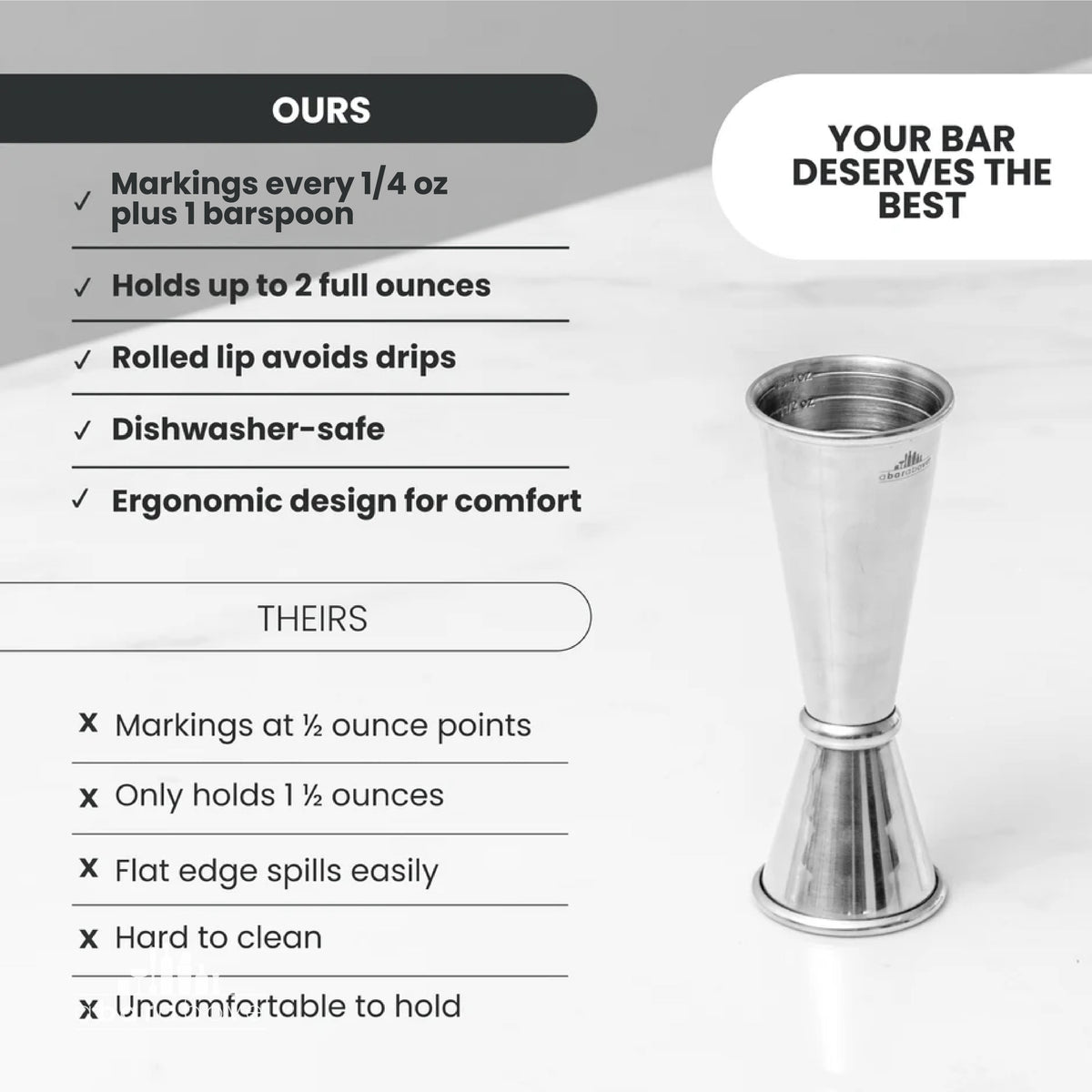 Comparison infographic of a stainless steel Japanese jigger, highlighting its features against competitor products (details in description).