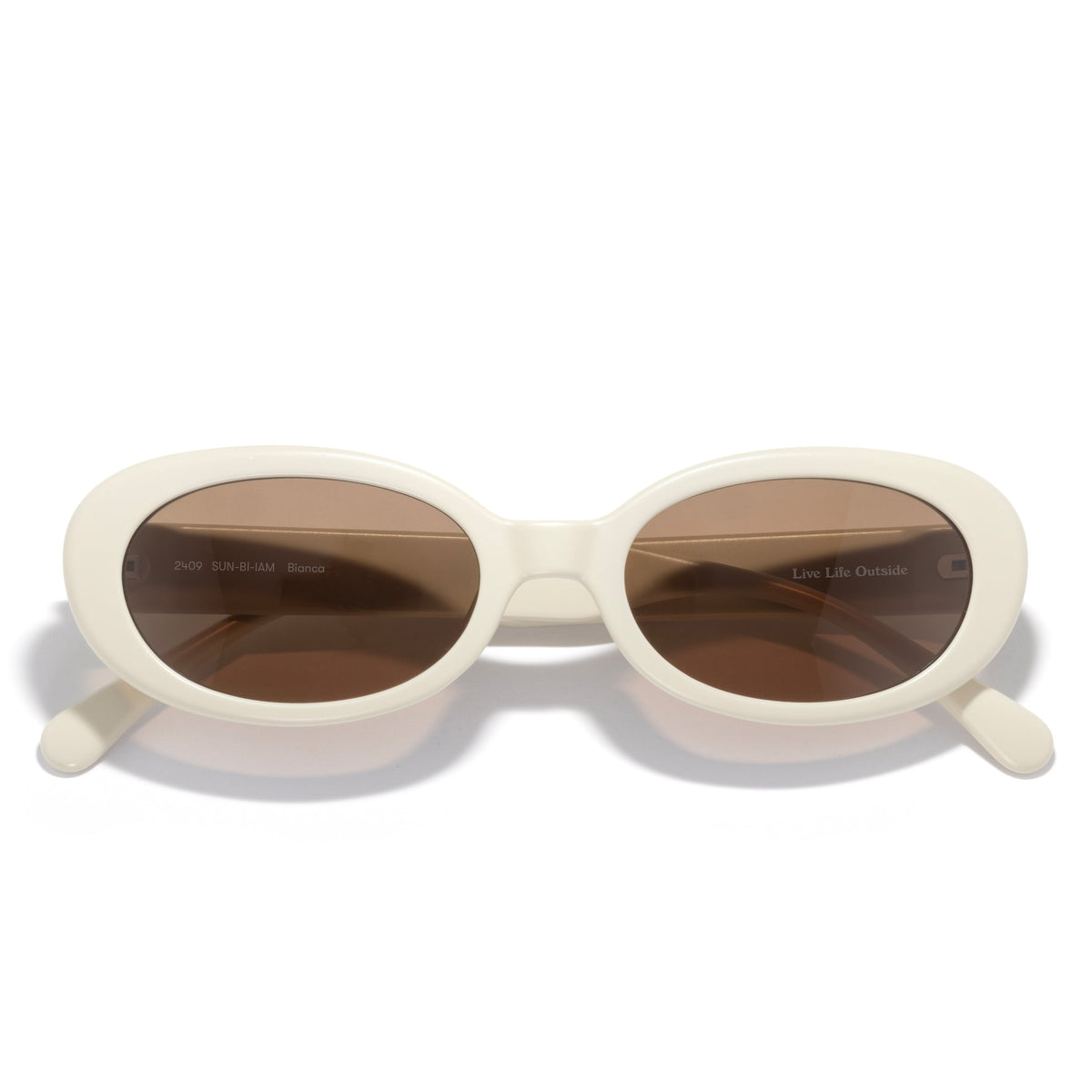 white sunglasses on white background with amber lens