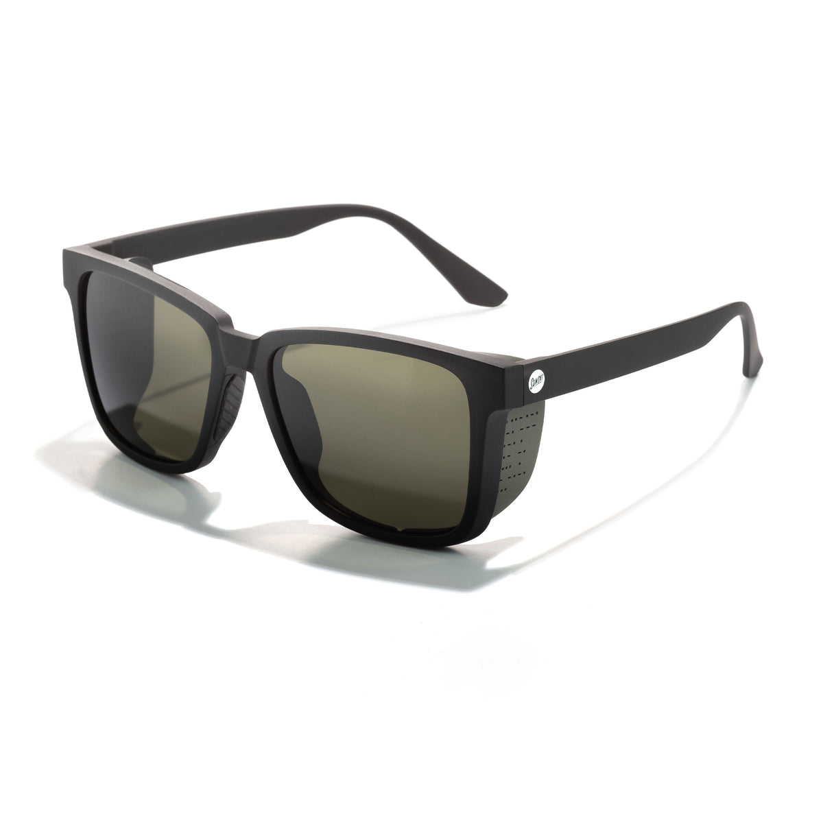Black sunglasses with dark lenses on a white background
