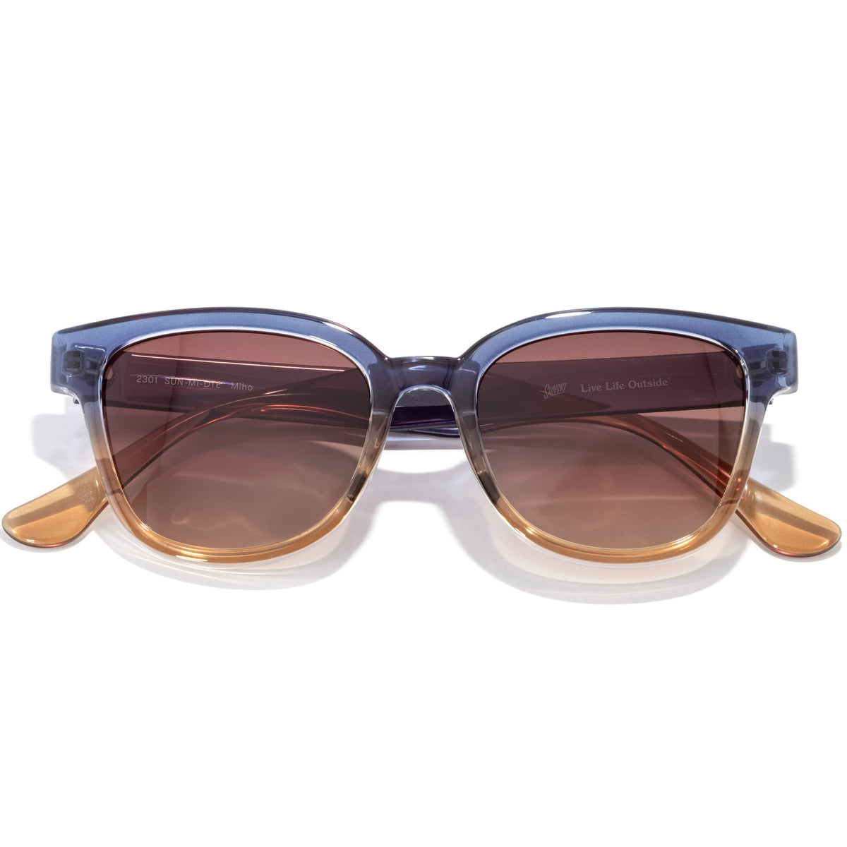 Sunglasses with a blue frame and brown lenses on a white background