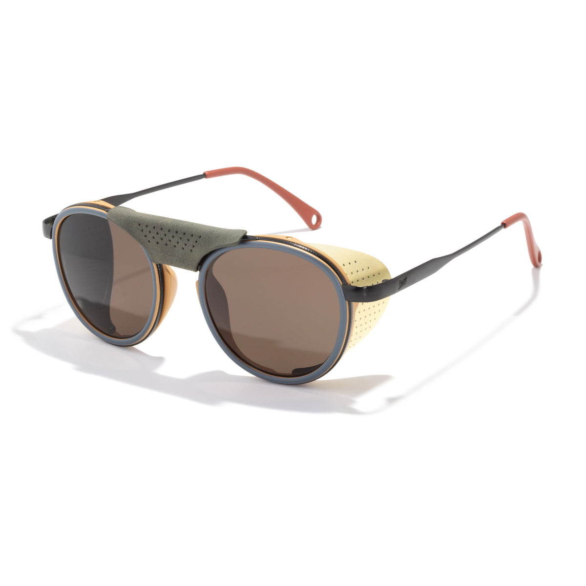 Sunglasses with a unique frame design on a white background