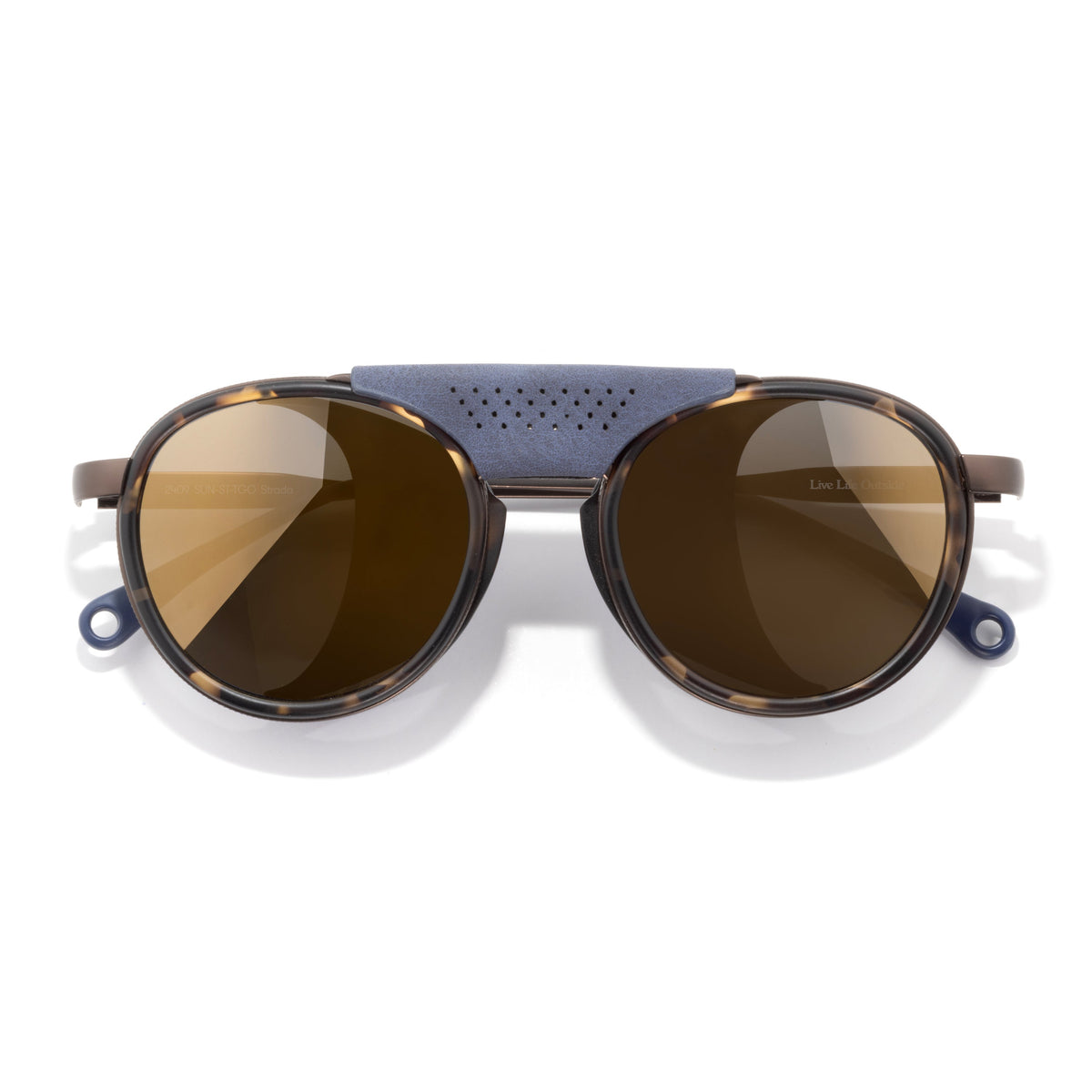 Sunglasses with brown lenses and blue accents on a white background