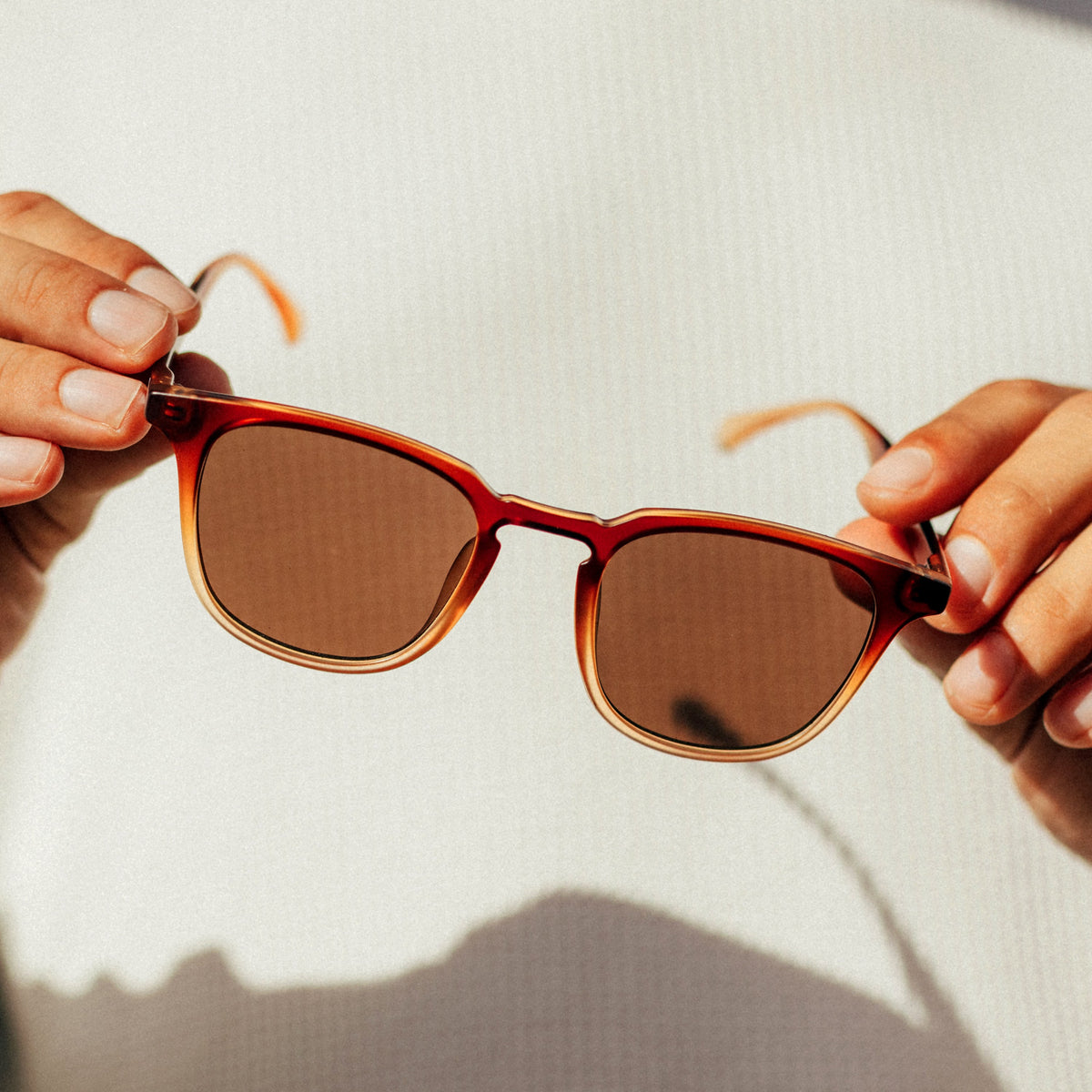 Sunglasses held by hands with a neutral background