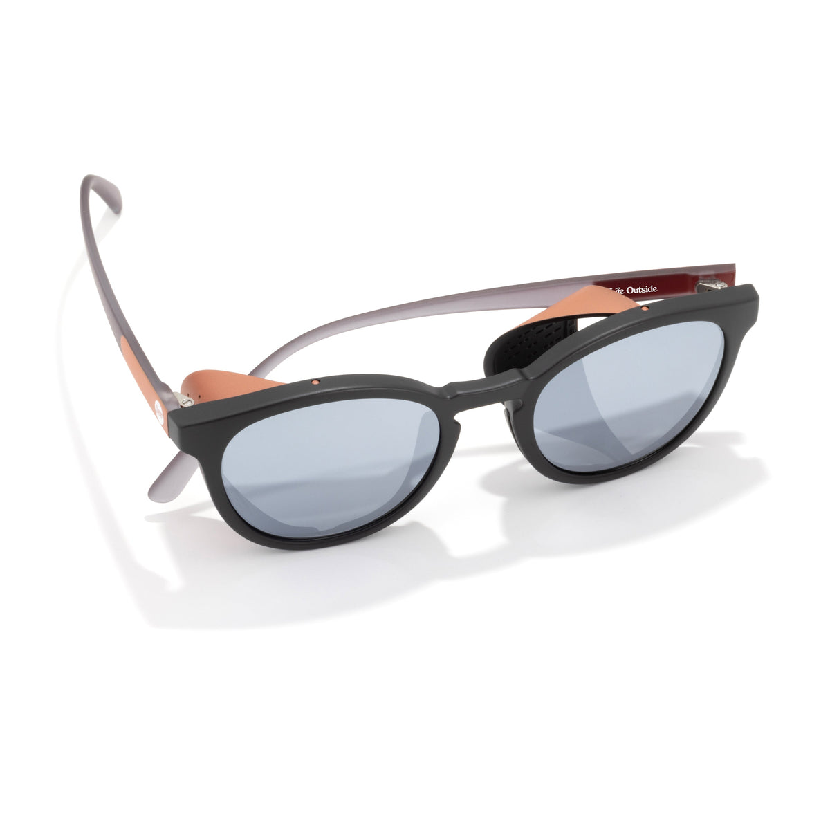 Sunglasses with black frame and reflective lenses on a white background