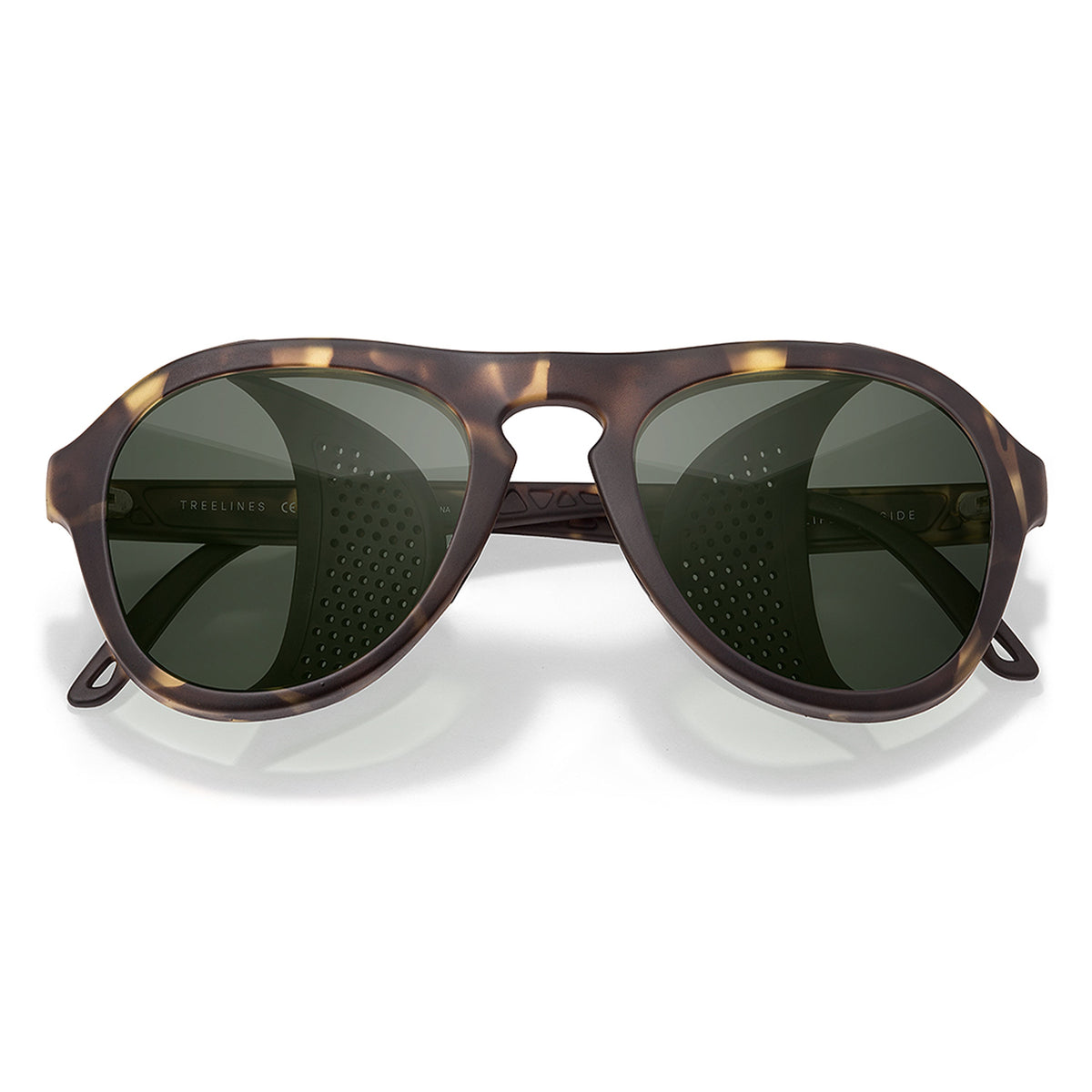 Sunglasses with tortoiseshell frame and dark lenses on a white background