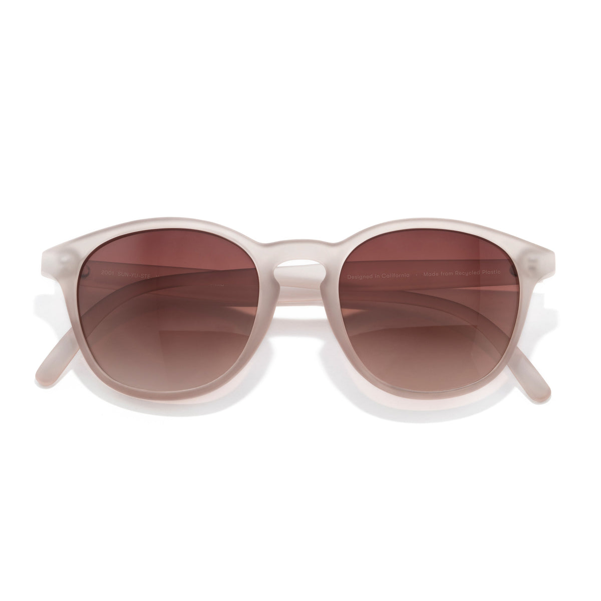 Sunglasses with white frame and brown gradient lenses on a white background
