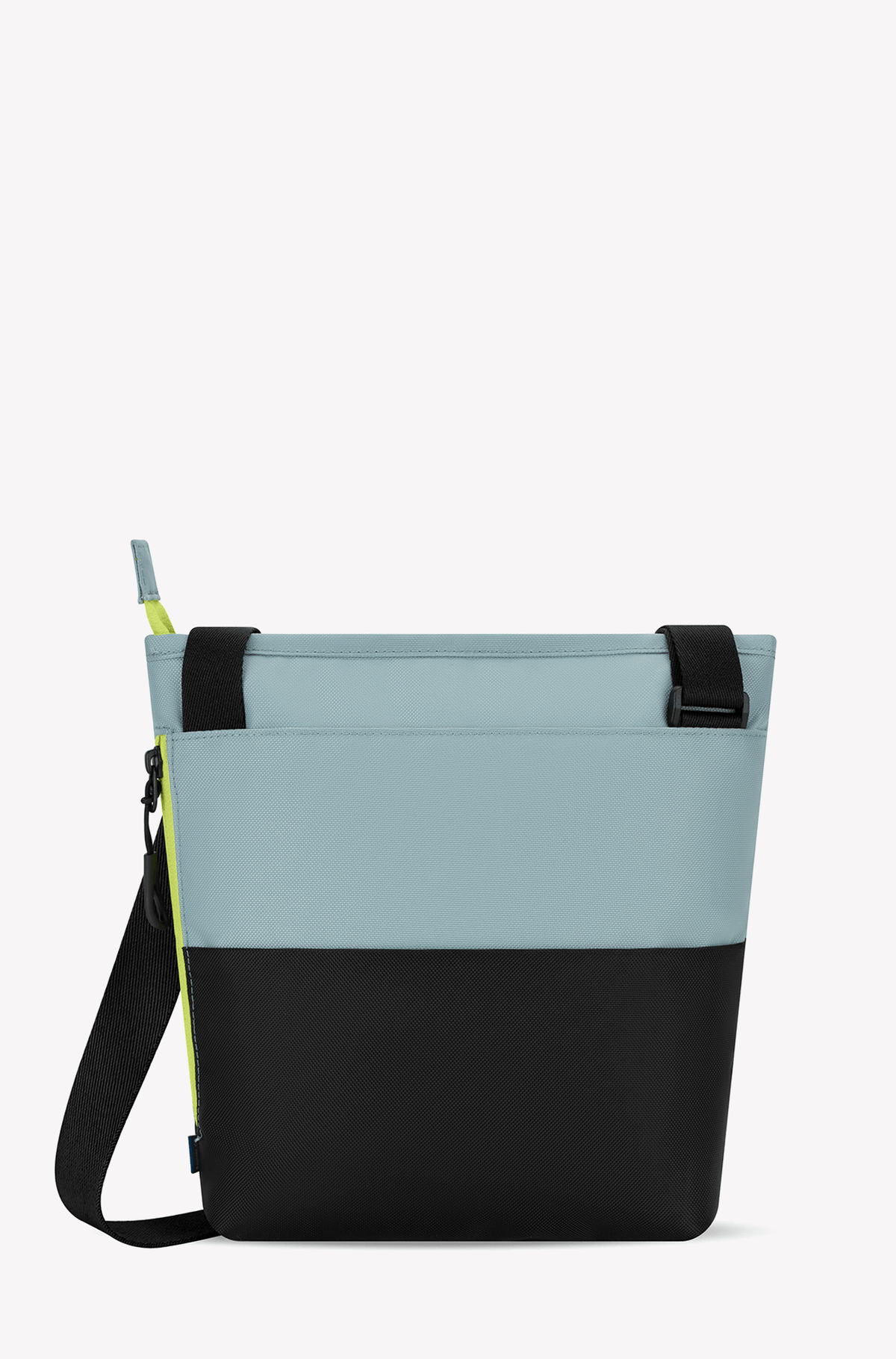 Back view of Sherpani&#39;s crossbody, the Sadie in St. Lucia. The top half of the bag is aqua blue accented by a light green trim and the bottom half of the bag is black. There is an external pocket on the back. A zipper pocket sits on one side with an easy-pull zipper. The bag has an adjustable crossbody strap. #color_st-lucia