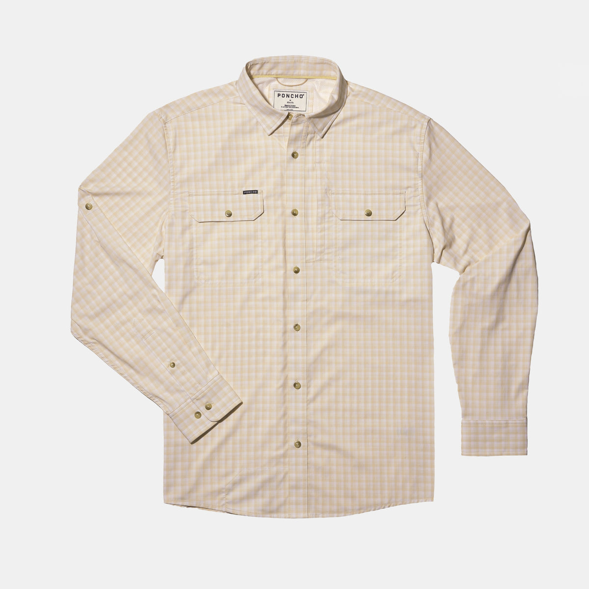 flat lay of peach plaid long sleeve shirt